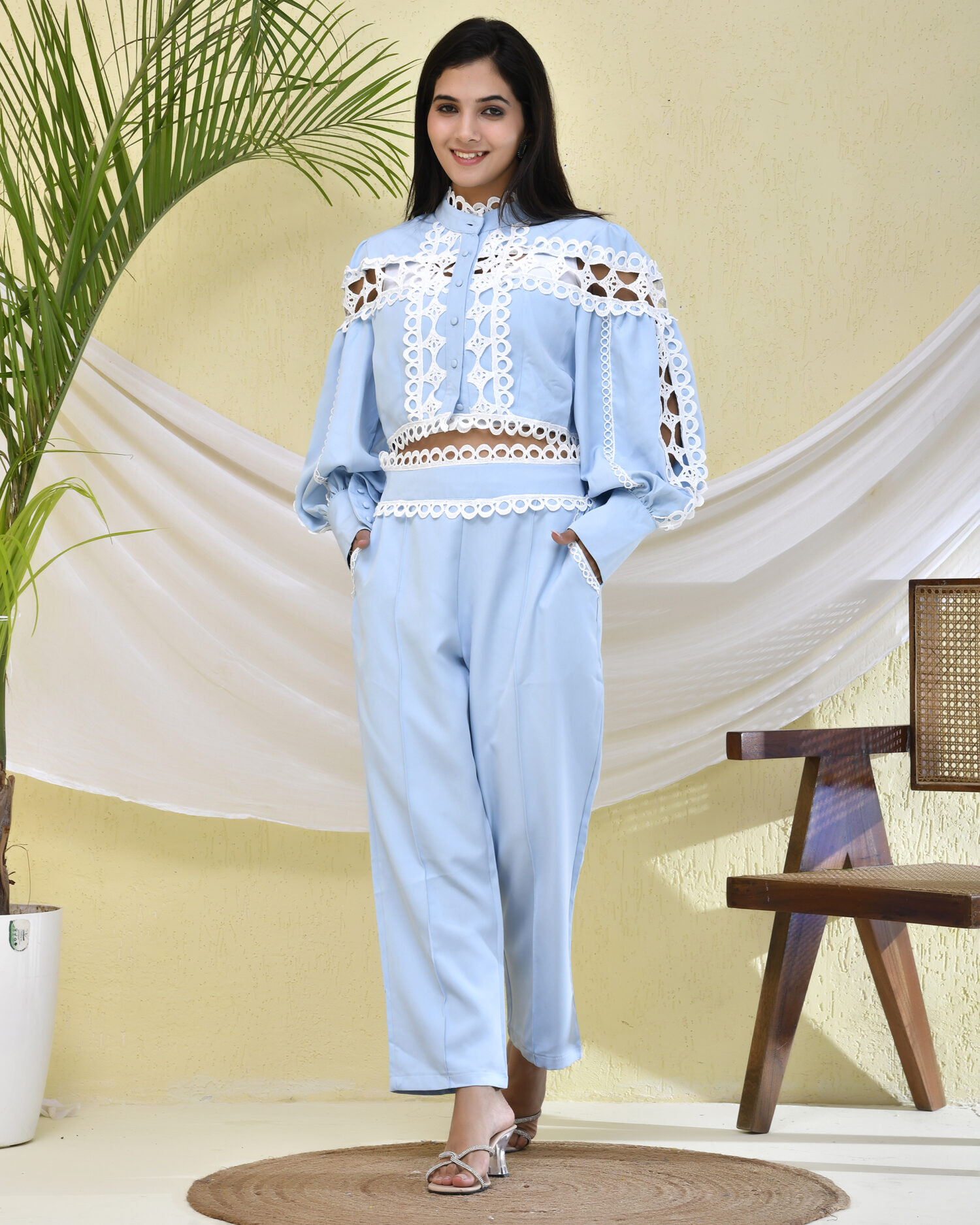 Sky Blue White Lace Korean Print Co-ord Set