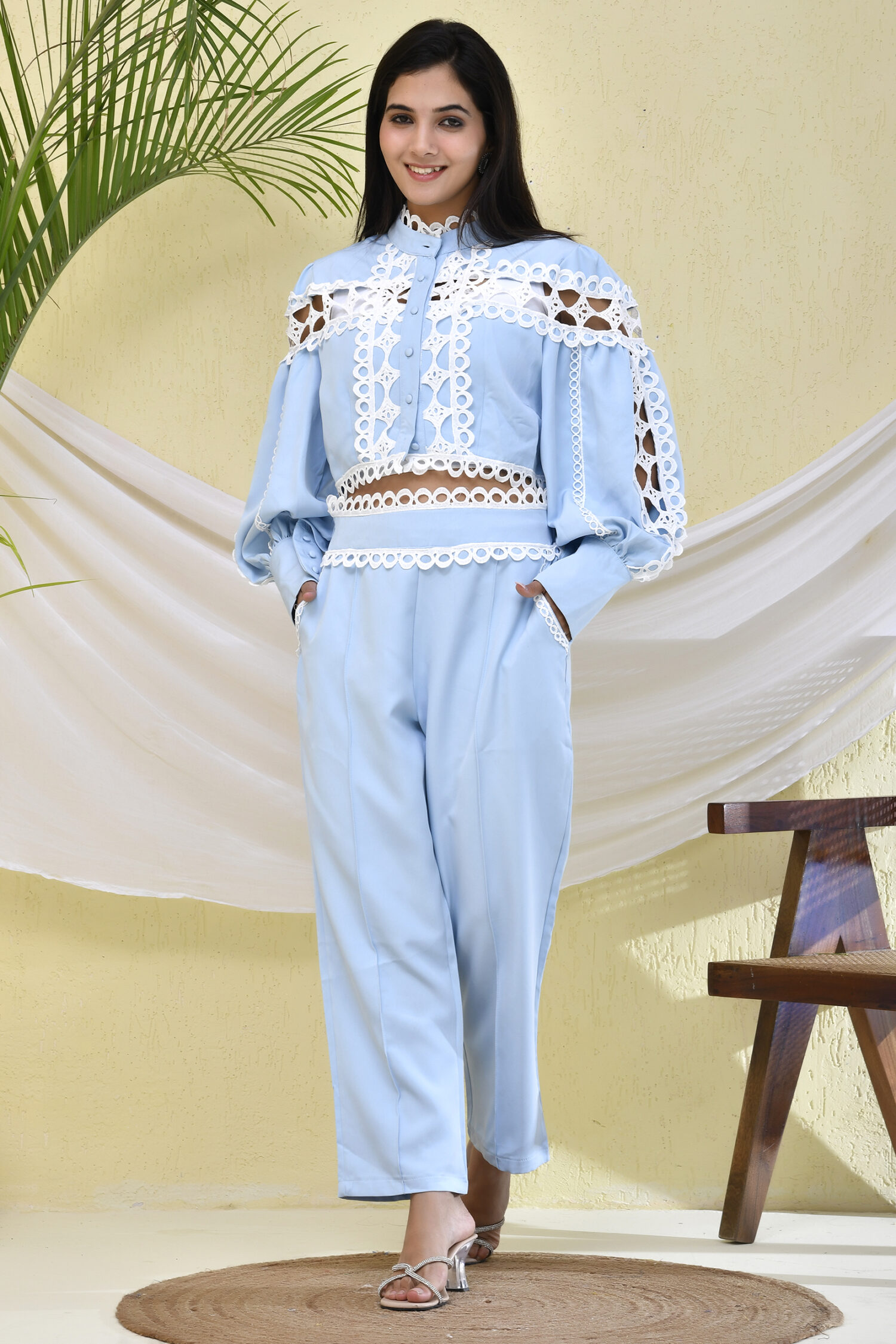 Sky Blue White Lace Korean Print Co-ord Set