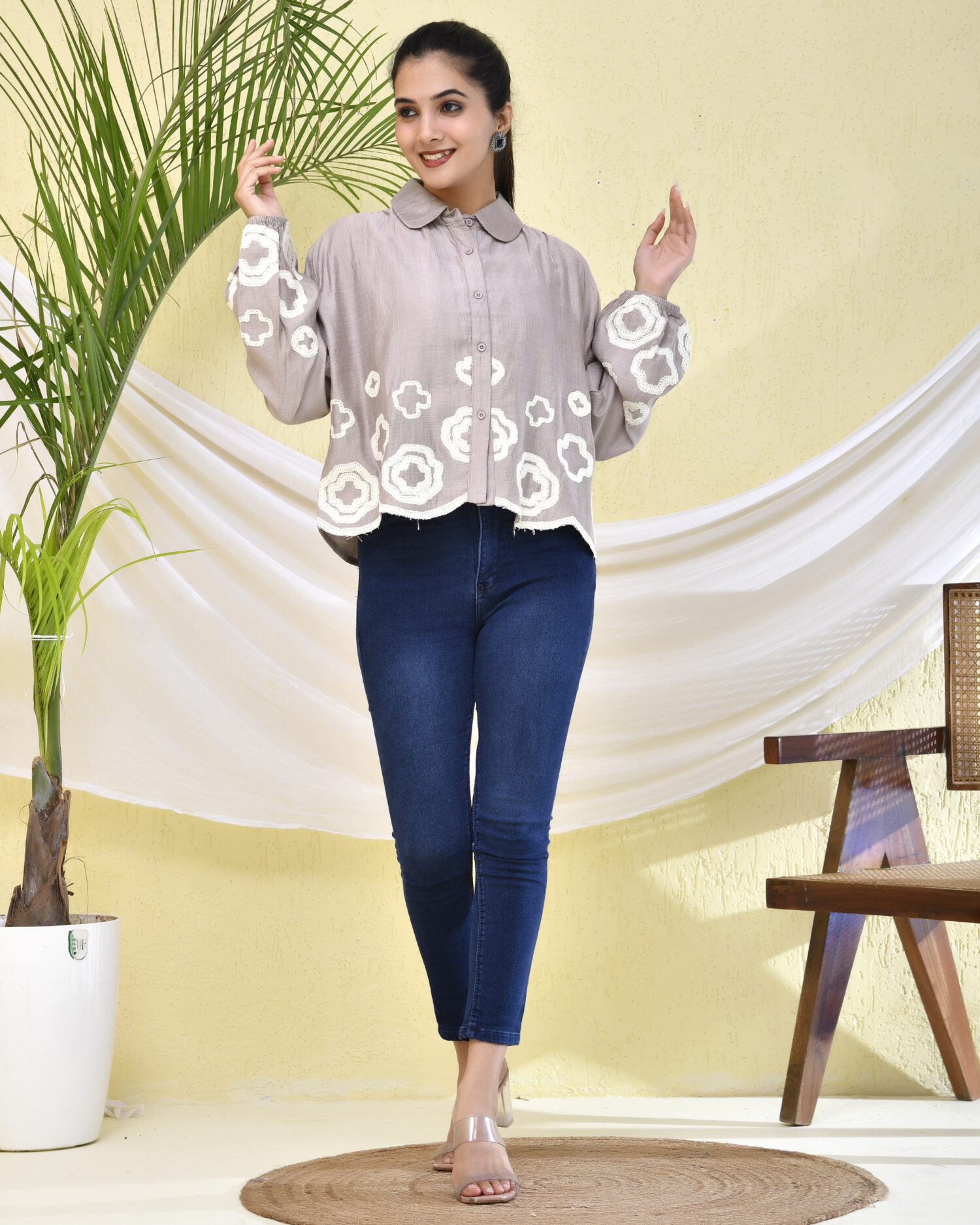 Women Embroidered Casual Collar Shirt - PinkFab