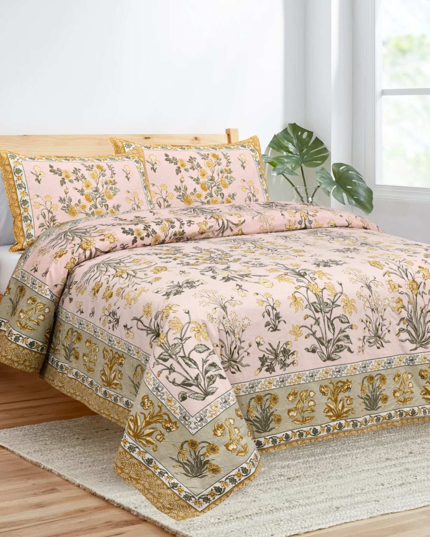 Grey Pink Floral Cotton Bedsheet