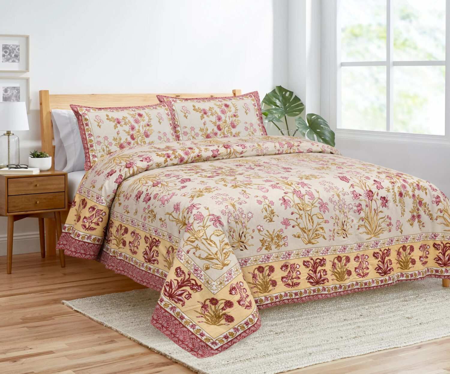 Pink Yellow Floral Printed Cotton Bedsheet King Size