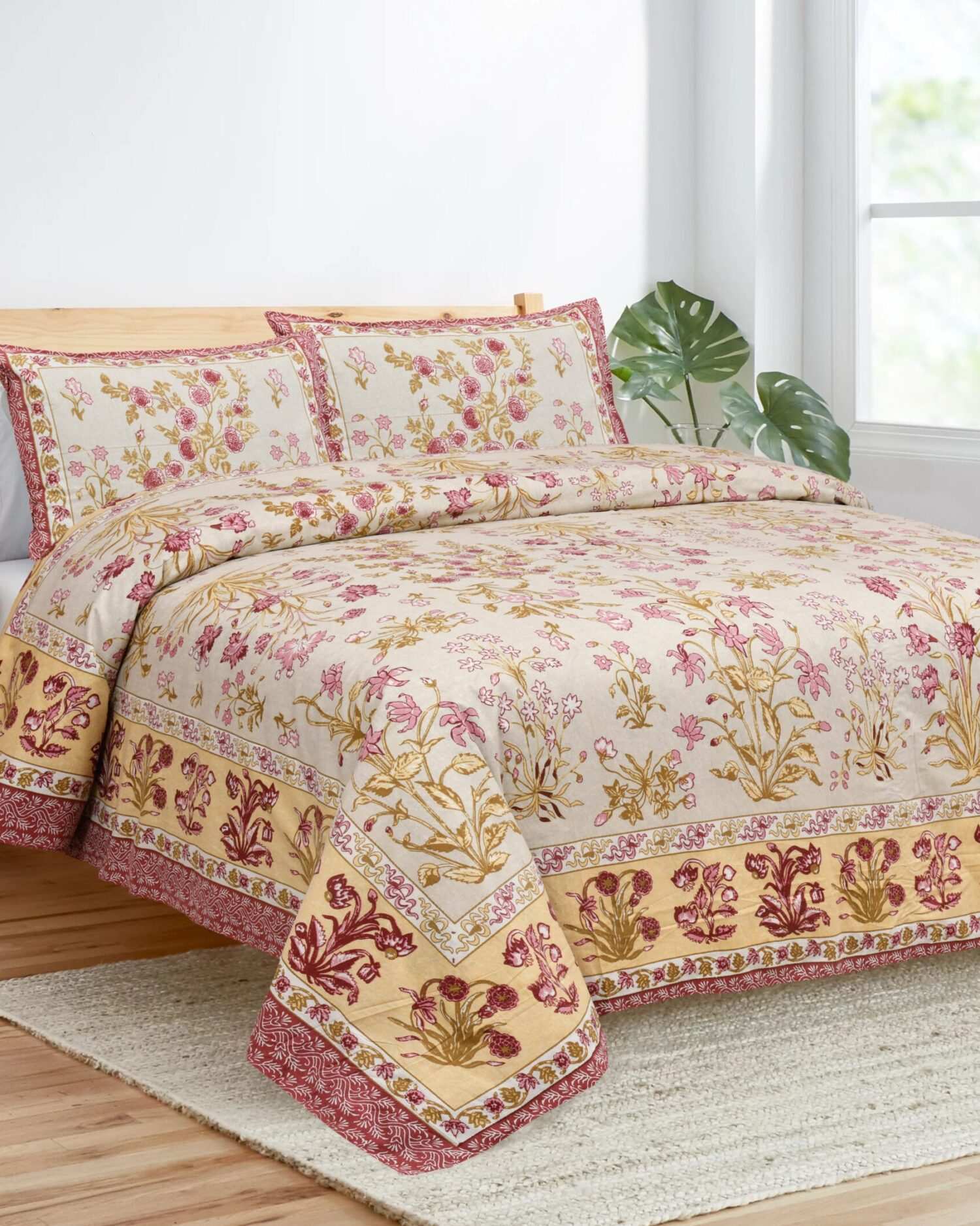 Pink Yellow Floral Printed Cotton Bedsheet King Size