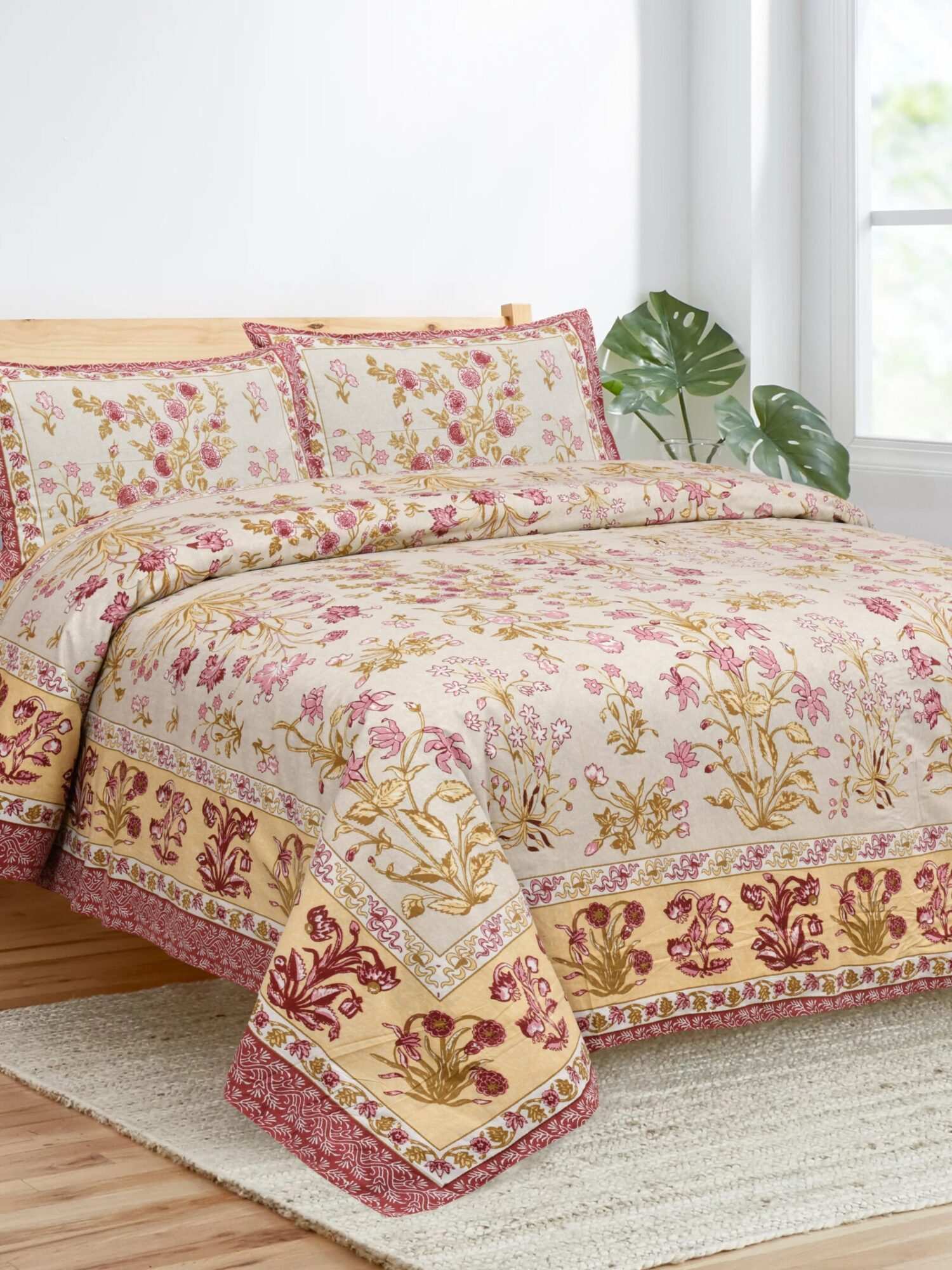 Pink Yellow Floral Printed Cotton Bedsheet King Size