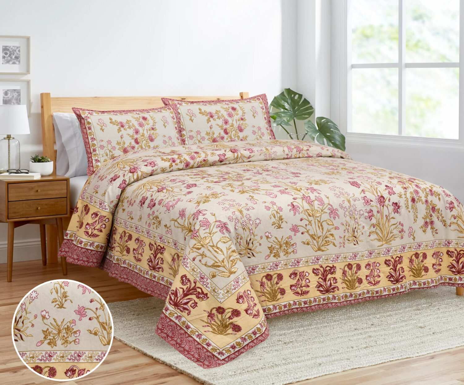 Pink Yellow Floral Printed Bedsheet King Size