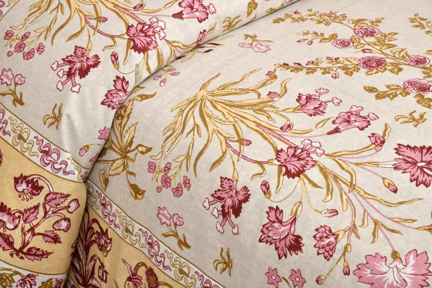 Pink Yellow Floral Cotton Bedsheet King Size
