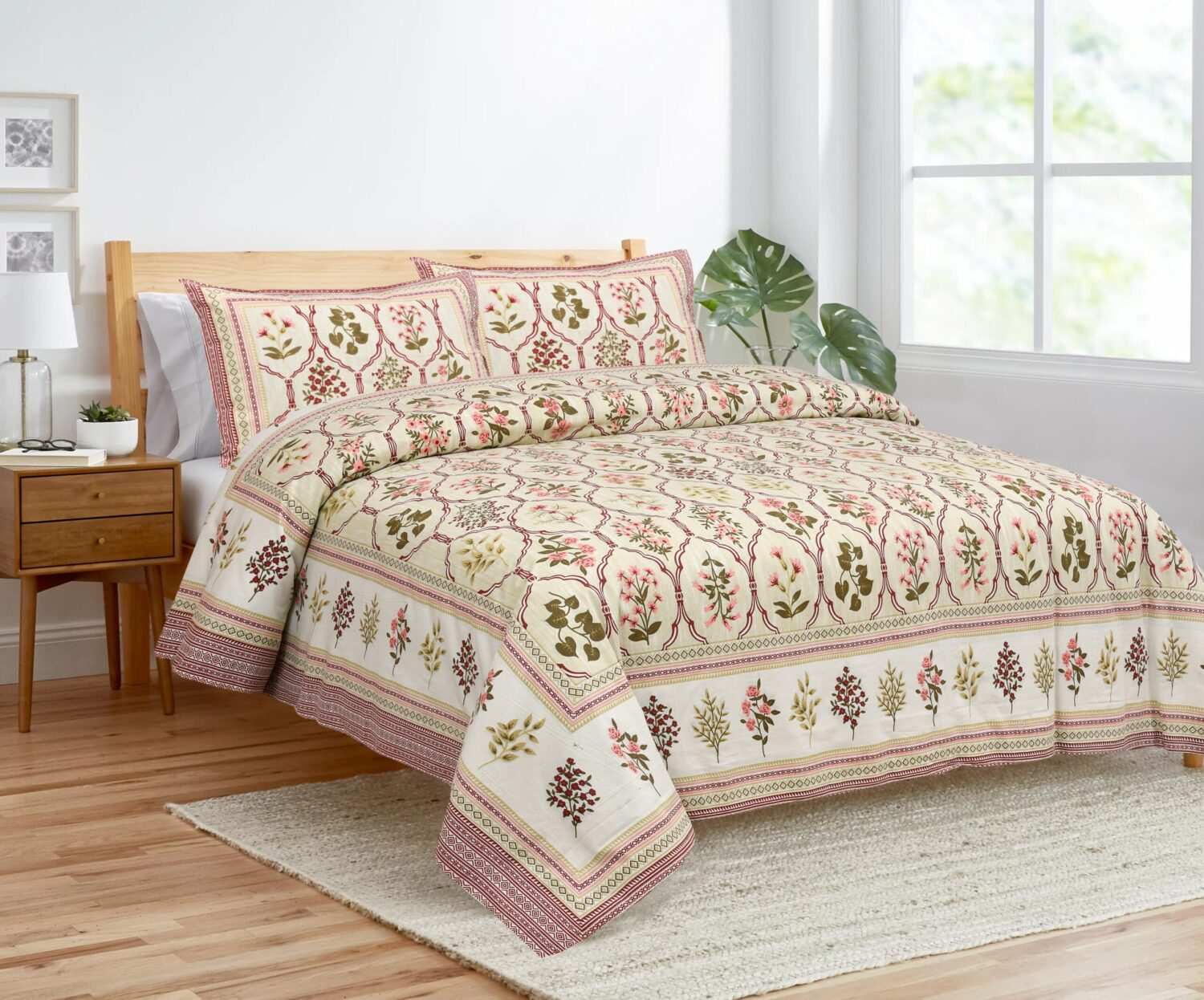 Dark Pink Floral Printed Cotton Bedsheet
