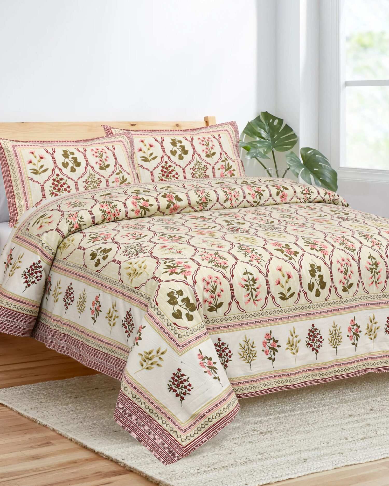 Dark Pink Floral Printed Cotton Bedsheet