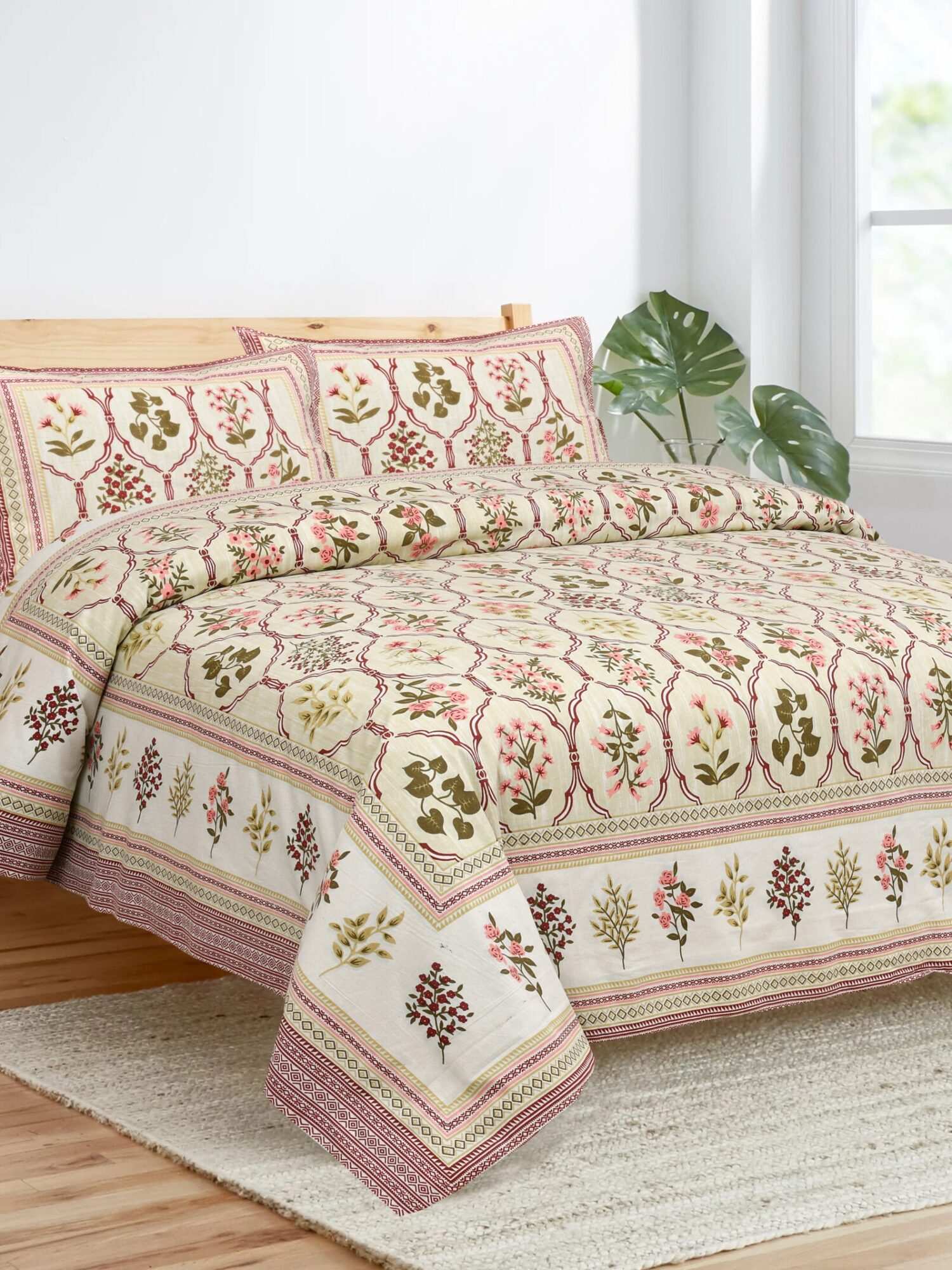 Dark Pink Floral Printed Cotton Bedsheet