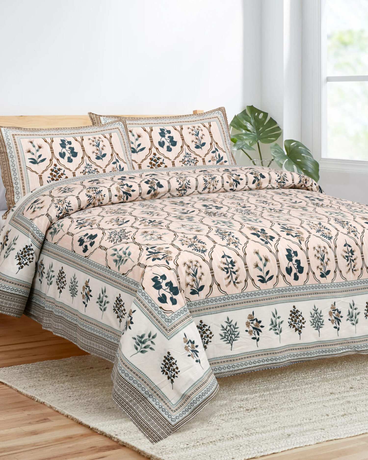 Peach & Dark Green Floral Cotton King Size Bedsheet