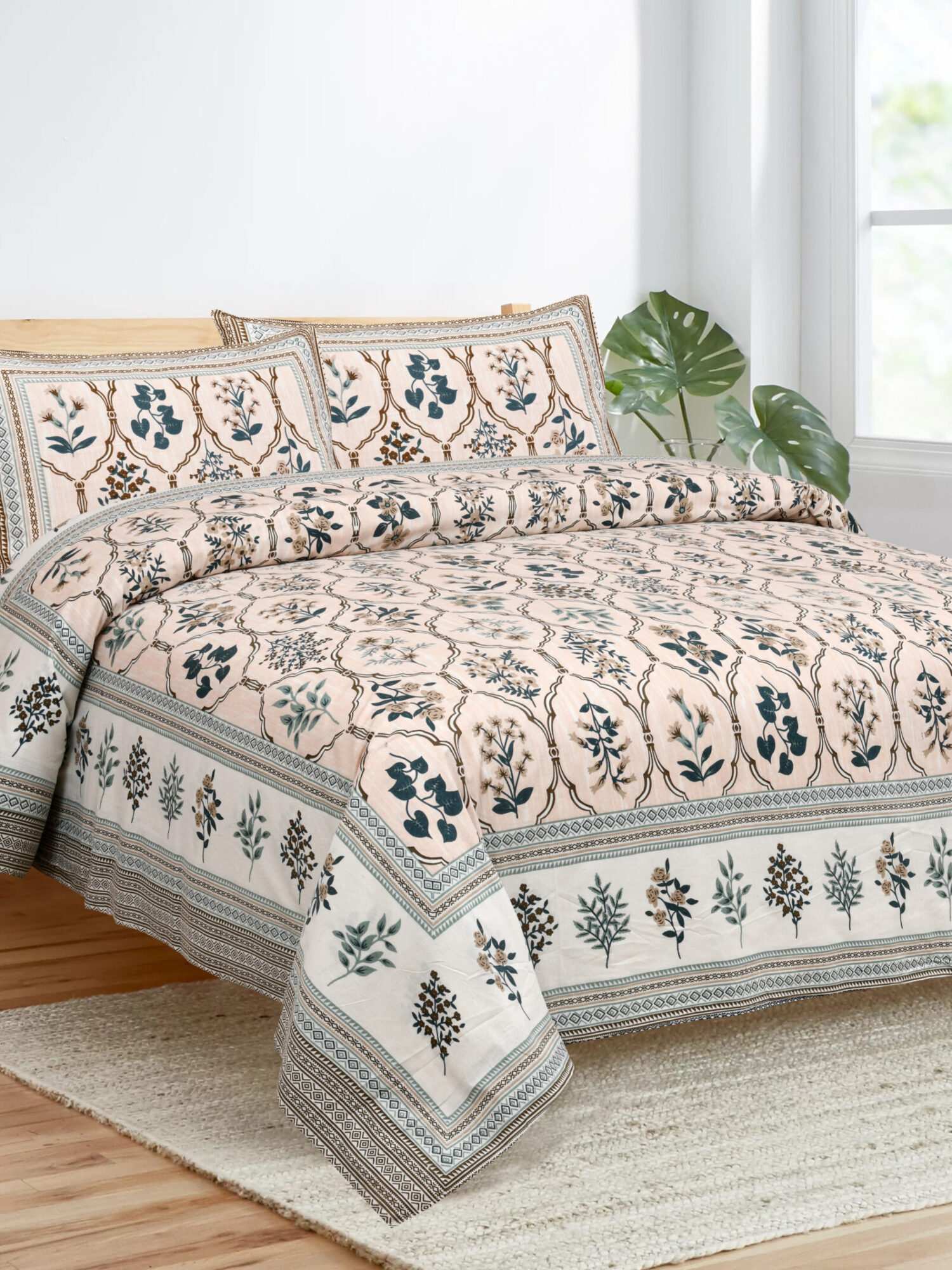 Peach & Dark Green Floral Cotton King Size Bedsheet