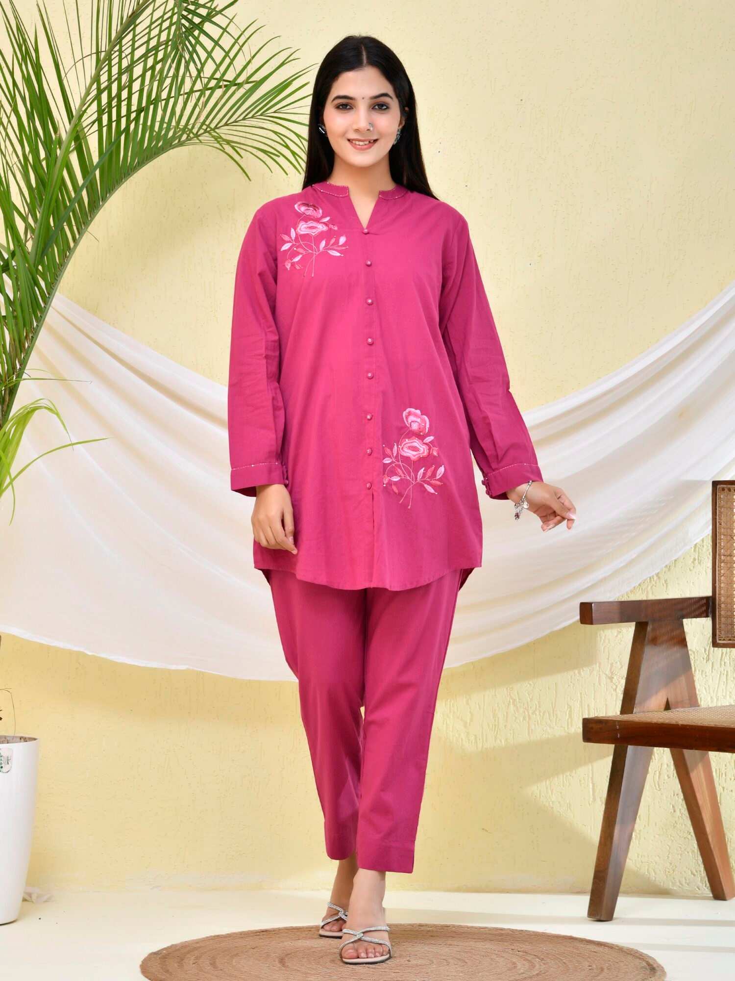 Maroon Floral Embroidery Co-Ord Set