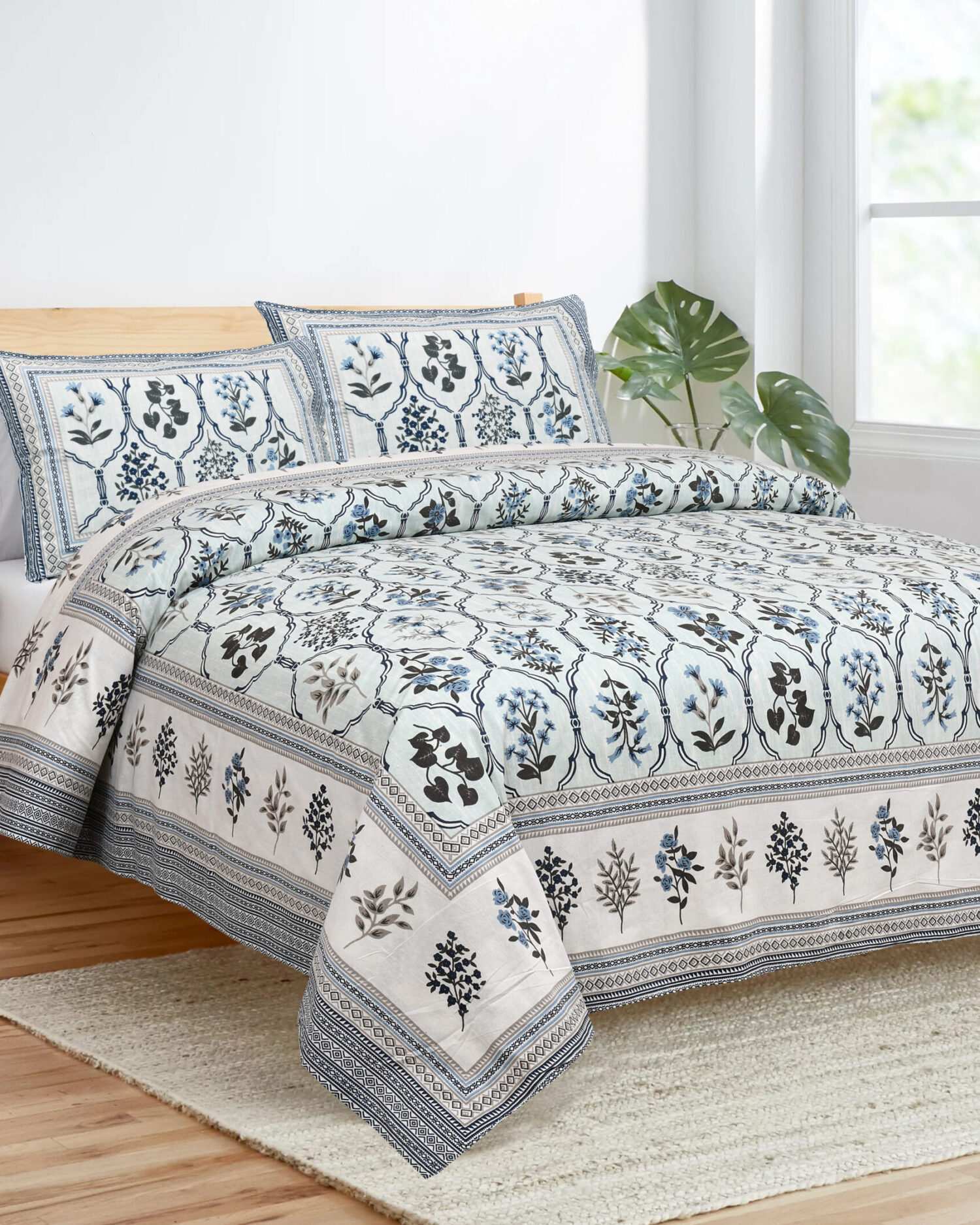 Dark Blue & White Floral Cotton King Size Bedsheet