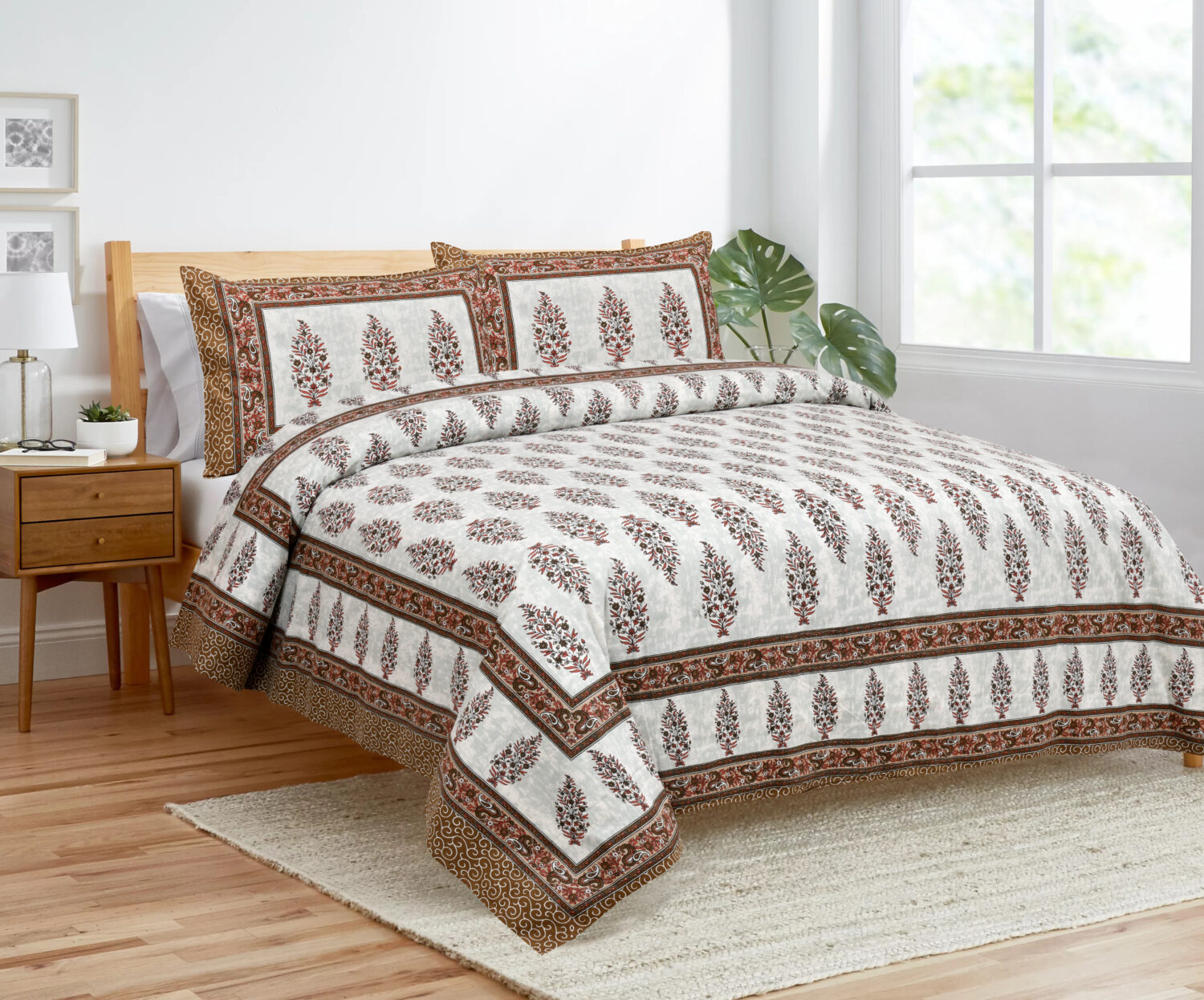 Cotton Hand Block Print Brown King Size Bedsheet with Pillow