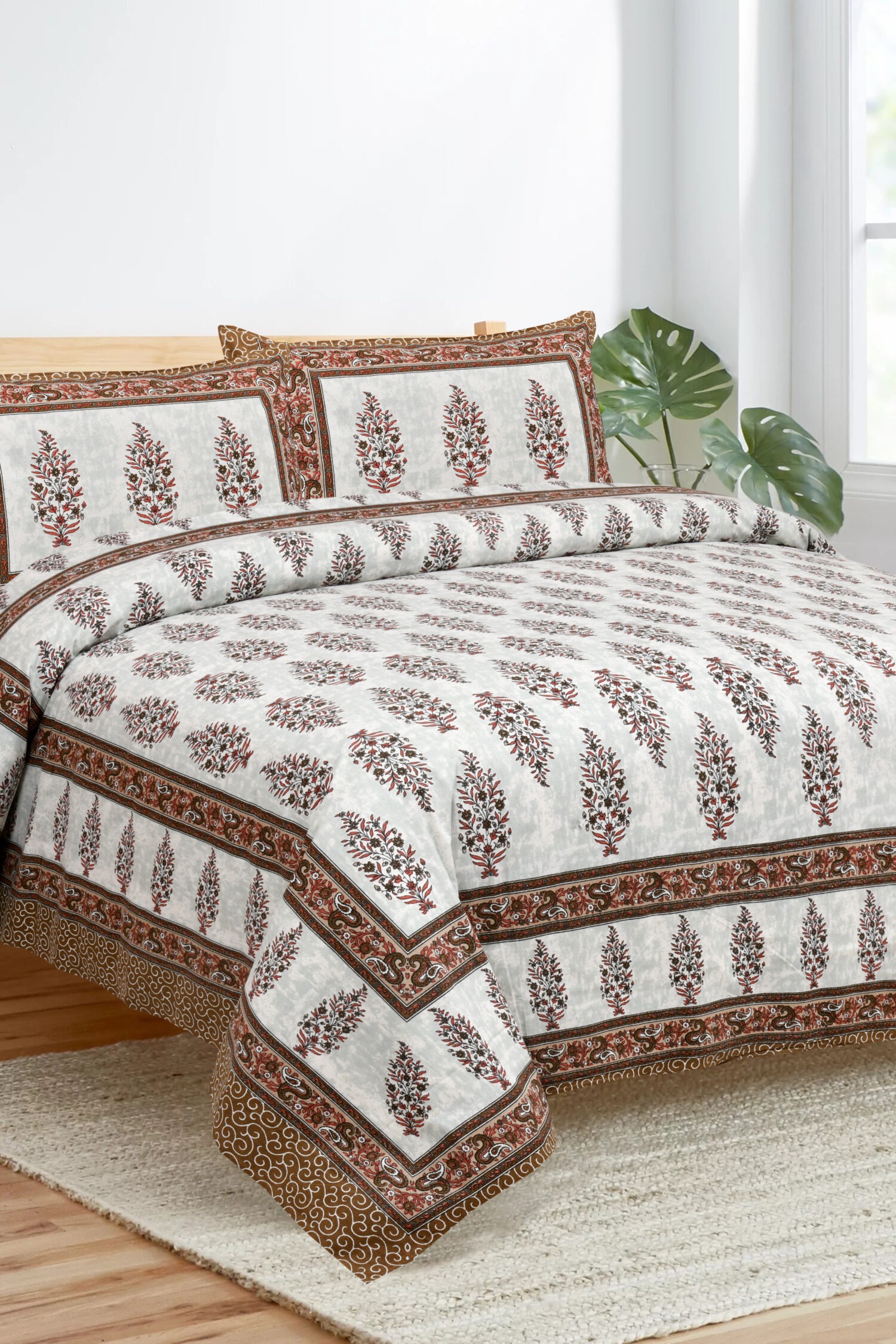 Cotton Hand Block Print Brown King Size Bedsheet with Pillow