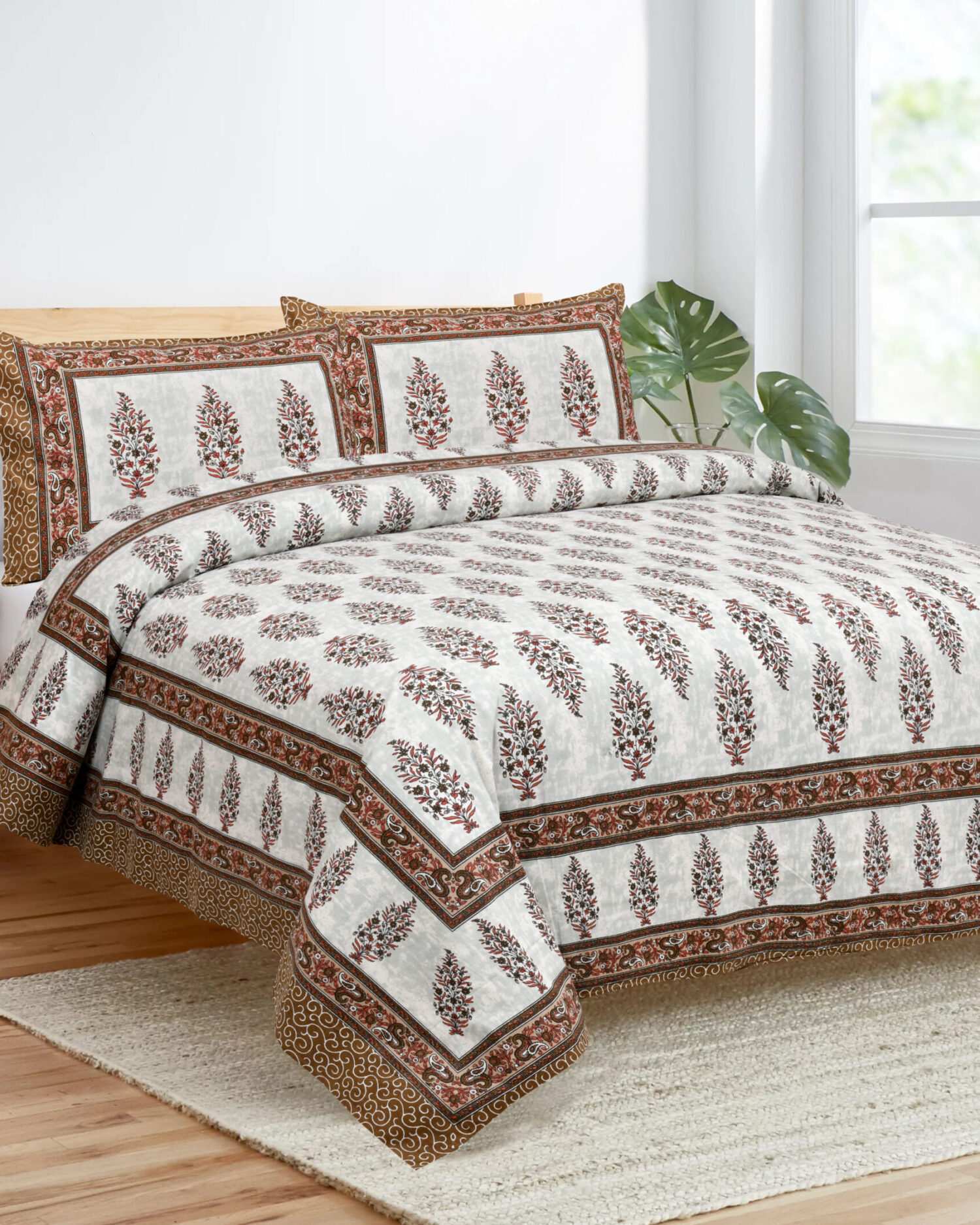 Cotton Hand Block Print Brown King Size Bedsheet