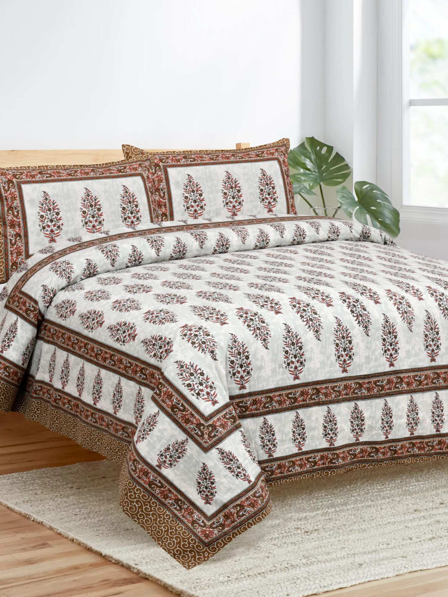 Cotton Hand Block Print Brown King Size Bedsheet