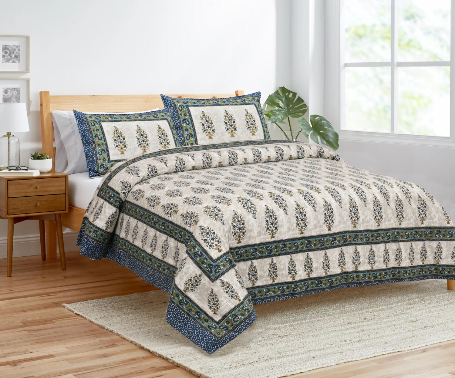 Cotton Hand Block Print King Size Blue Bedsheet