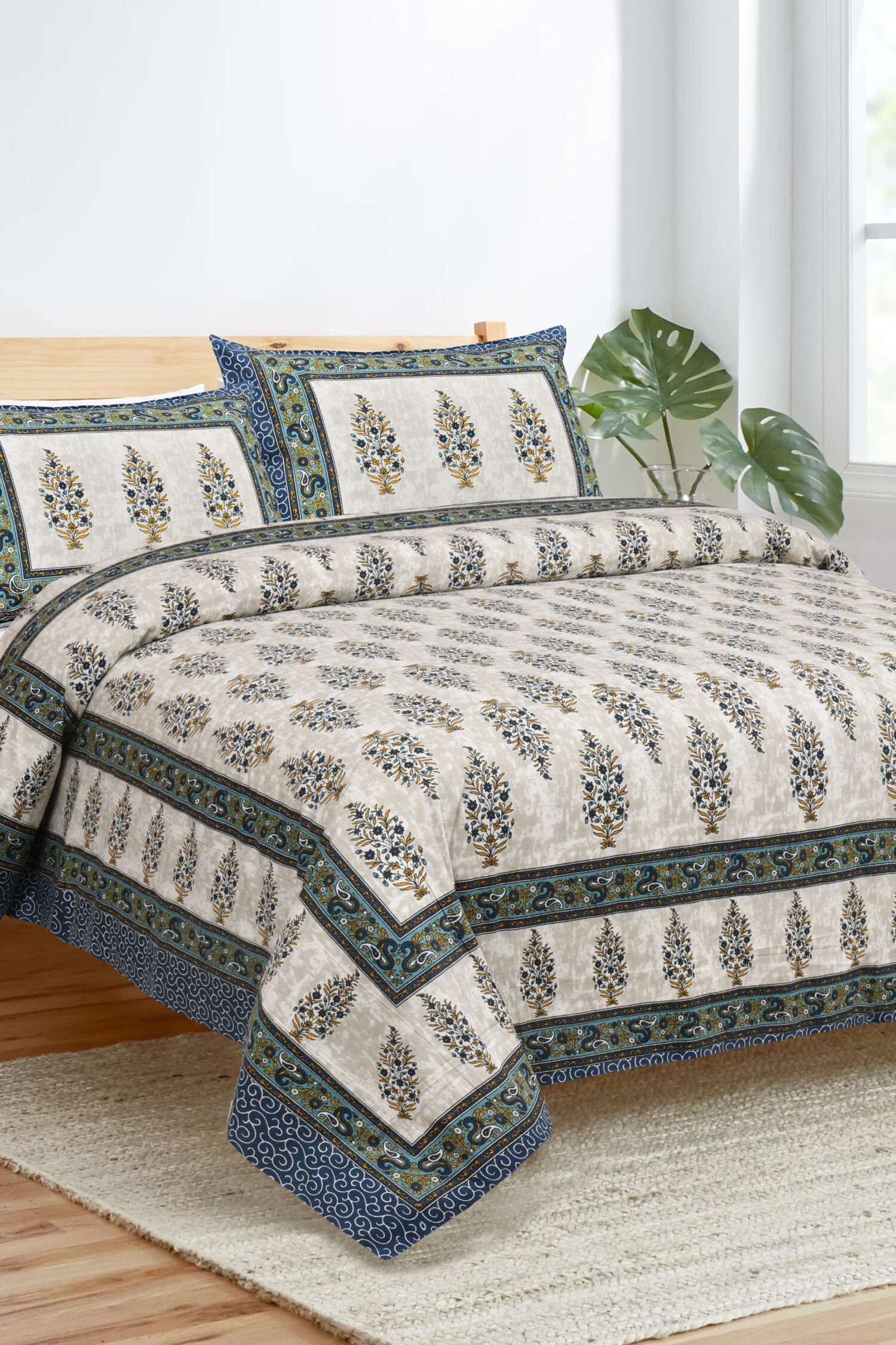 Cotton Hand Block Print King Size Blue Bedsheet