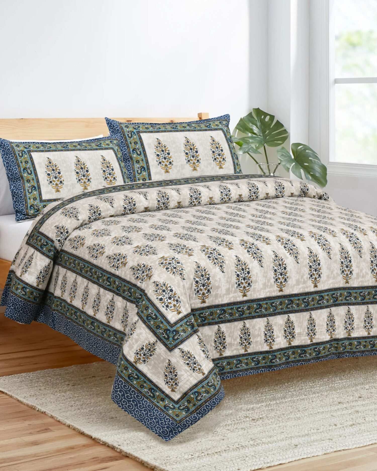 Cotton Hand Block Print King Size Blue Bedsheet
