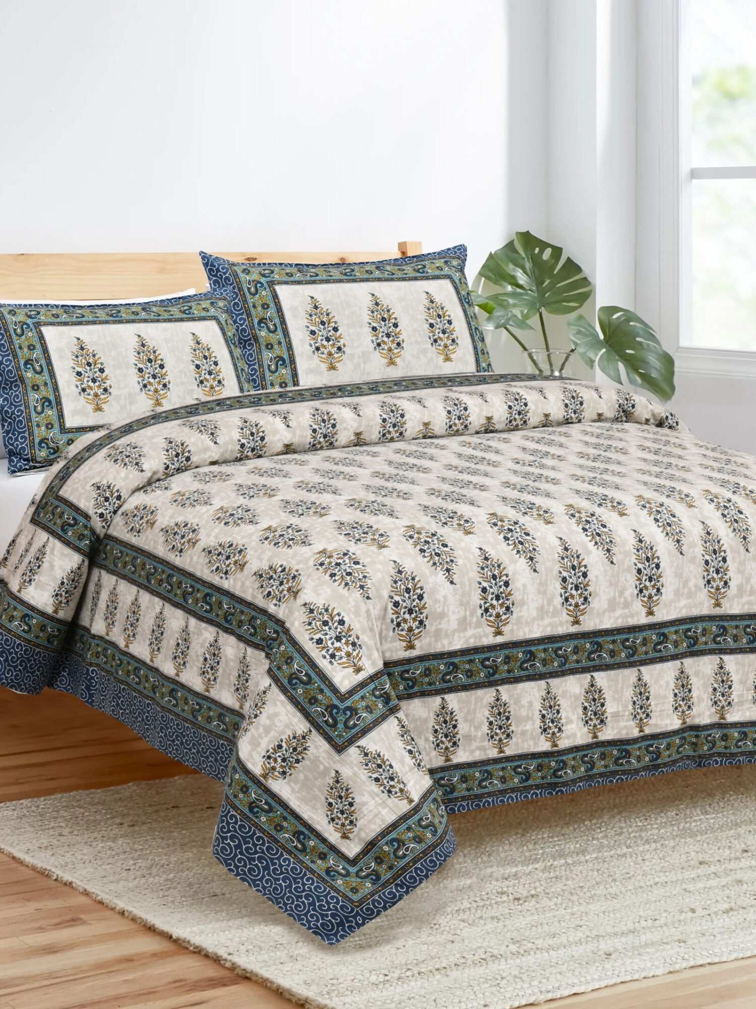 Cotton Hand Block Print King Size Blue Bedsheet