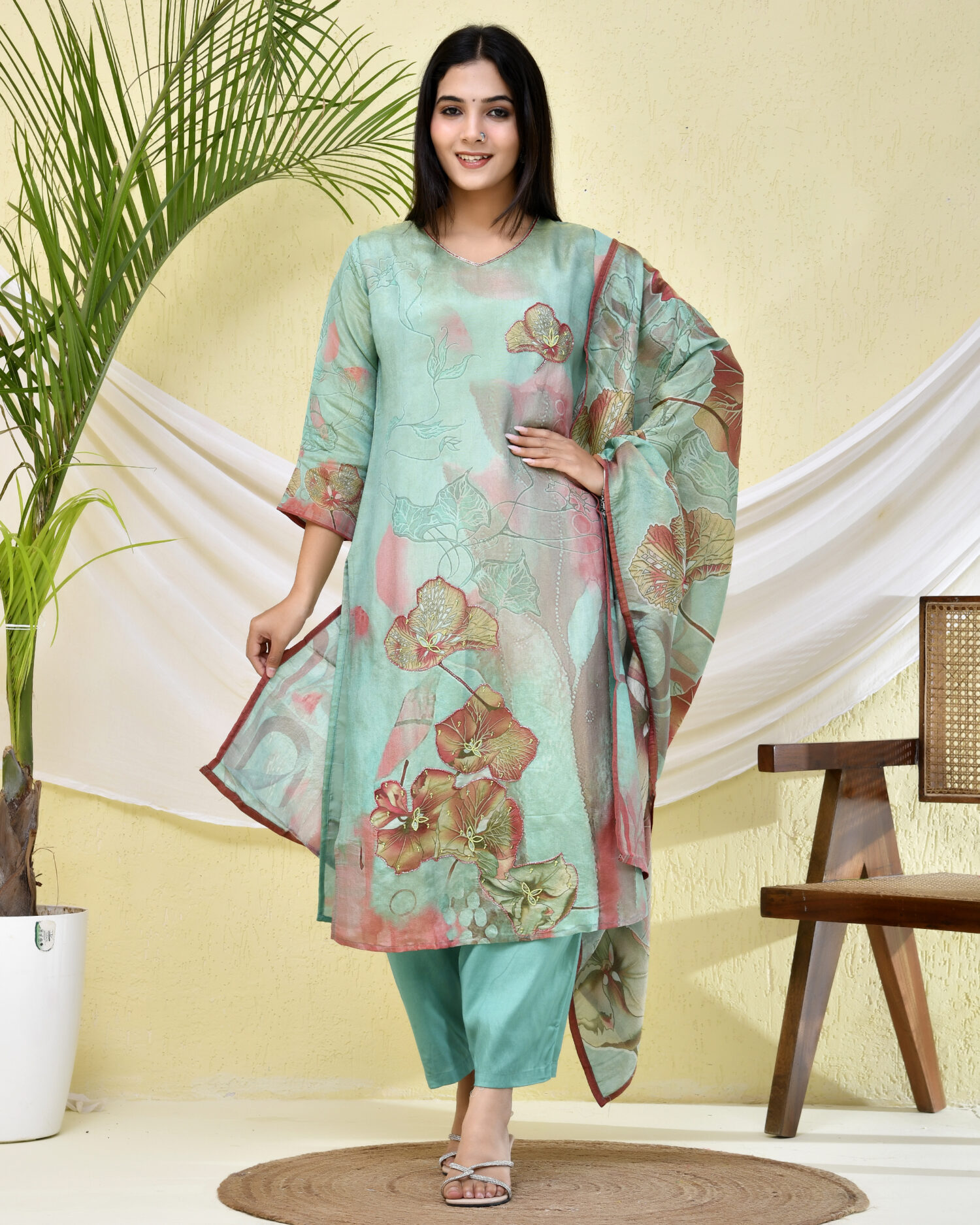 Sea Green Floral Printed Partywear Kurta Set