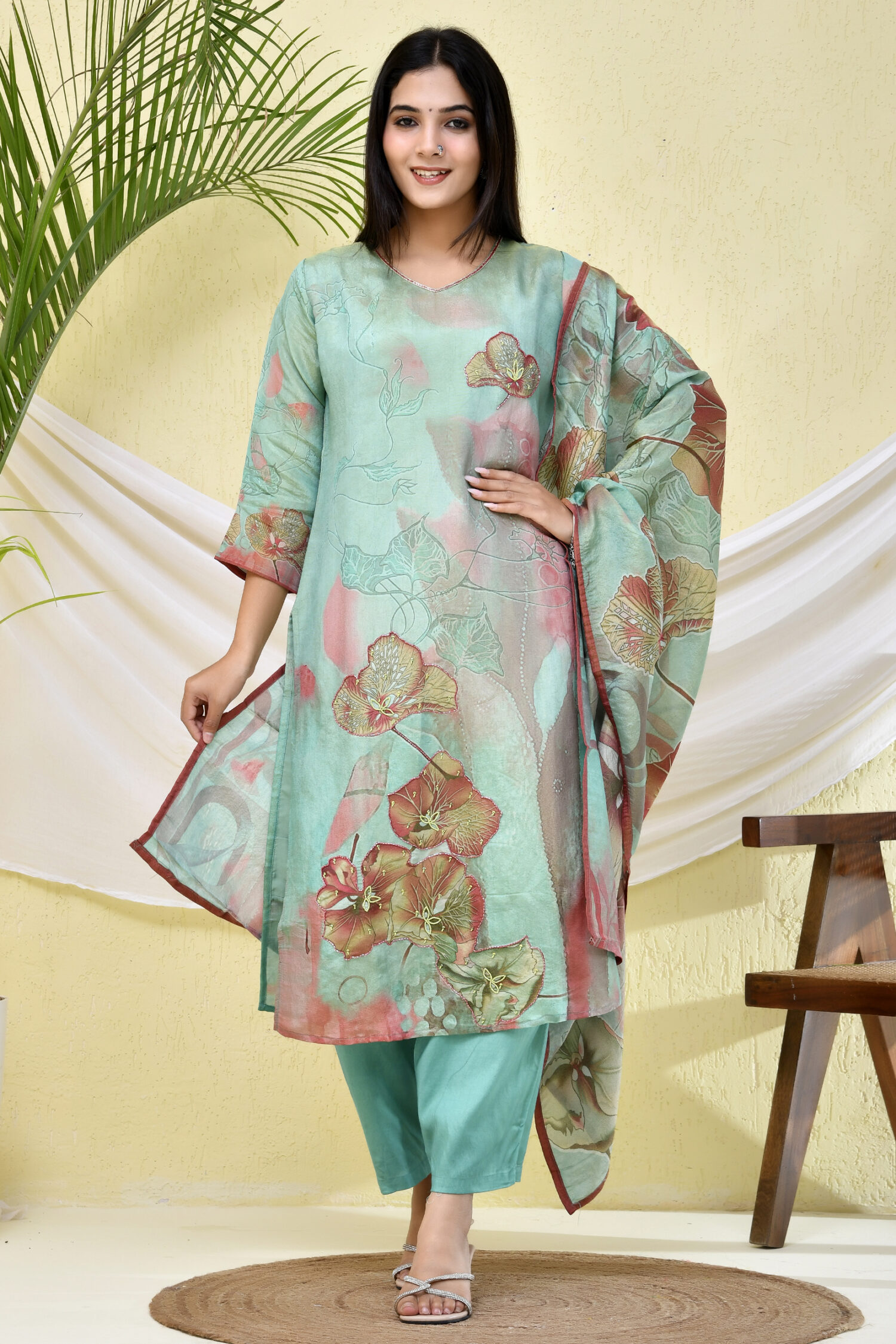 Sea Green Floral Printed Partywear Kurta Set