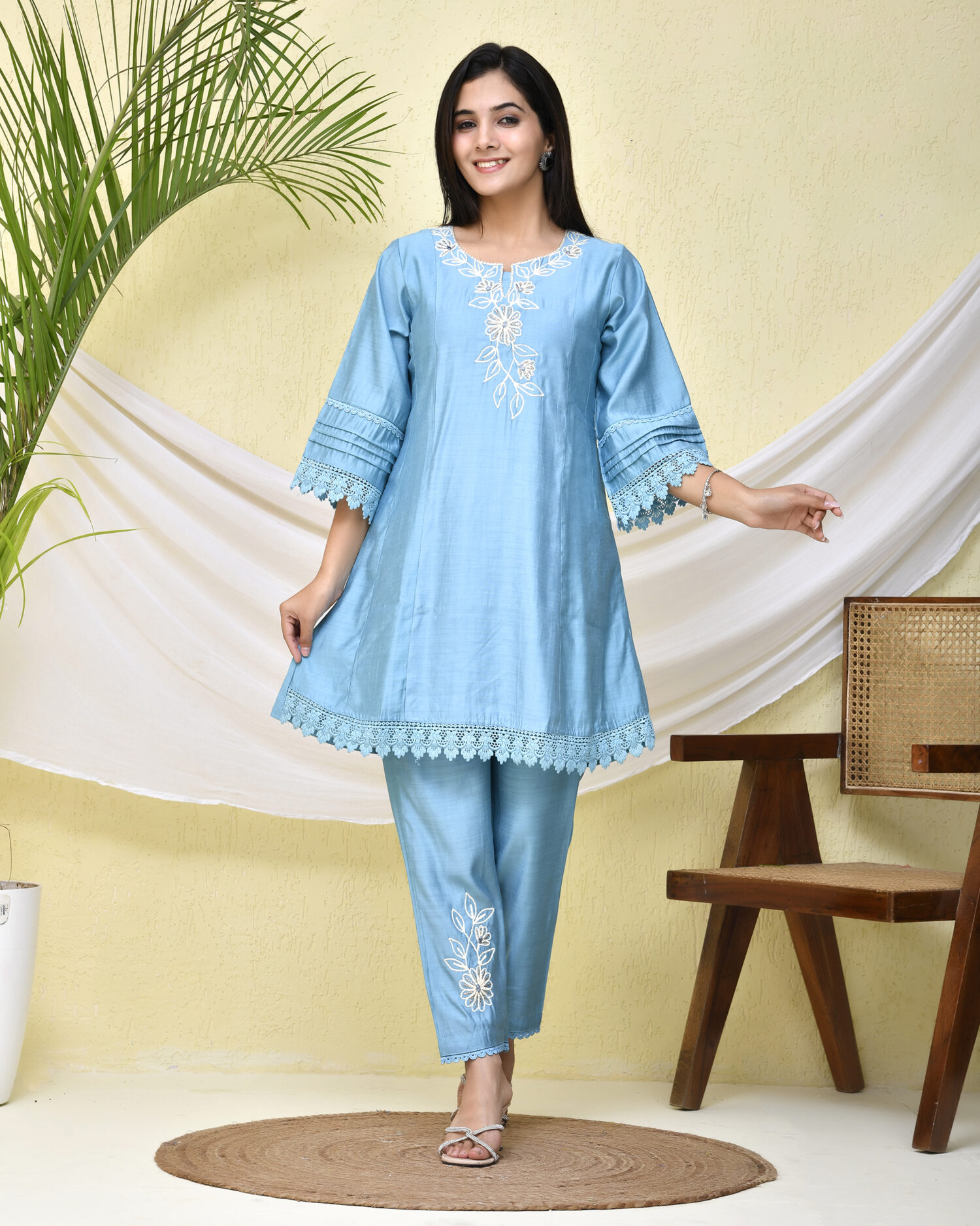 V Neck Embroidery Work Blue Two-Piece Suit