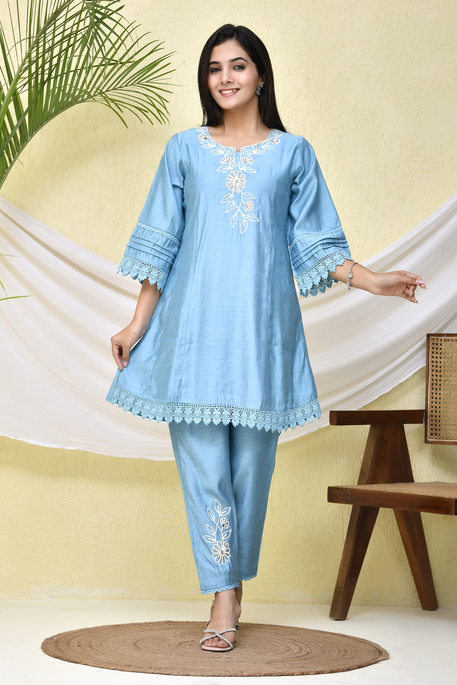 V Neck Embroidery Work Blue Two-Piece Suit