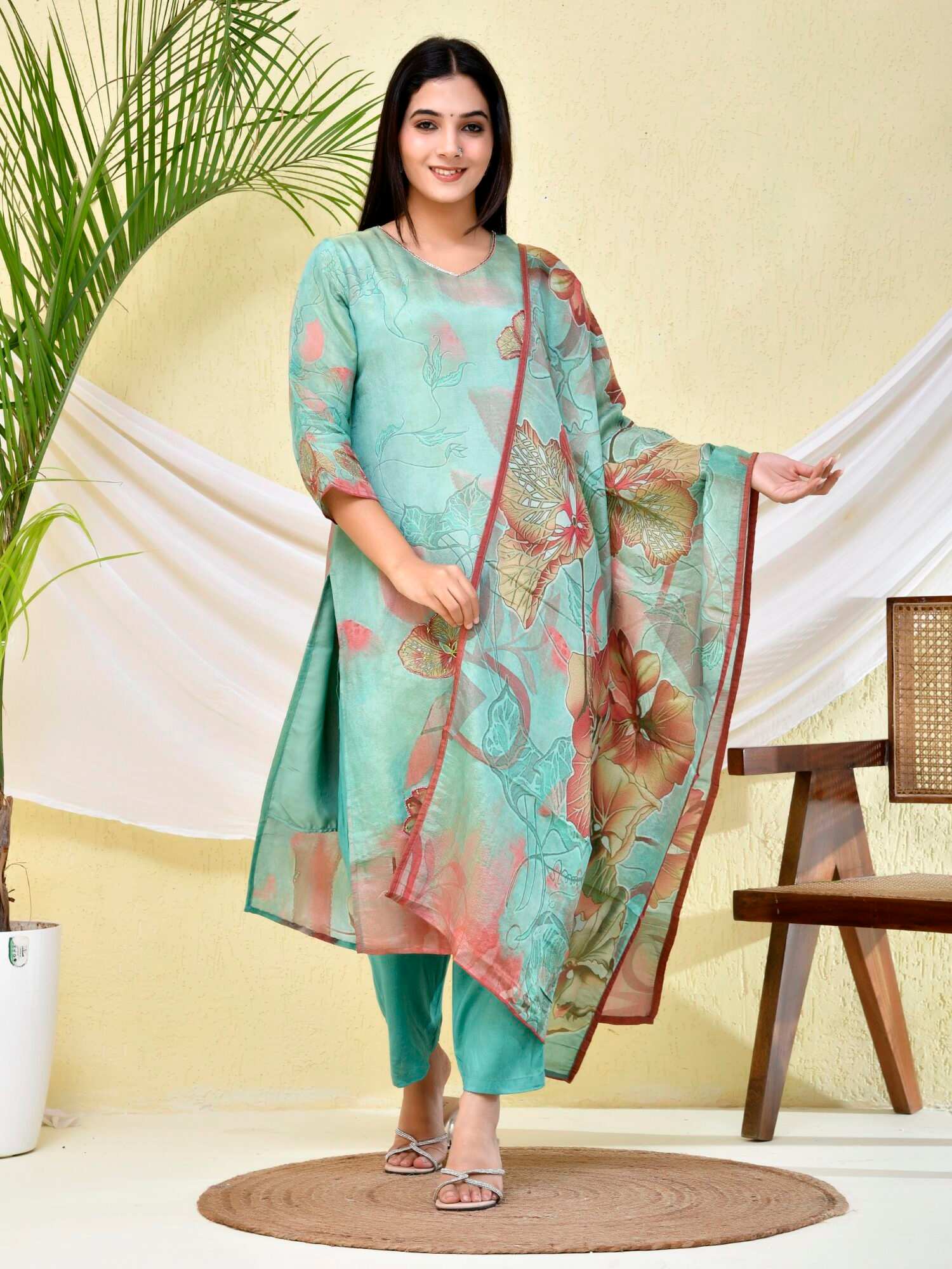 Sea Green Floral Kurta Set