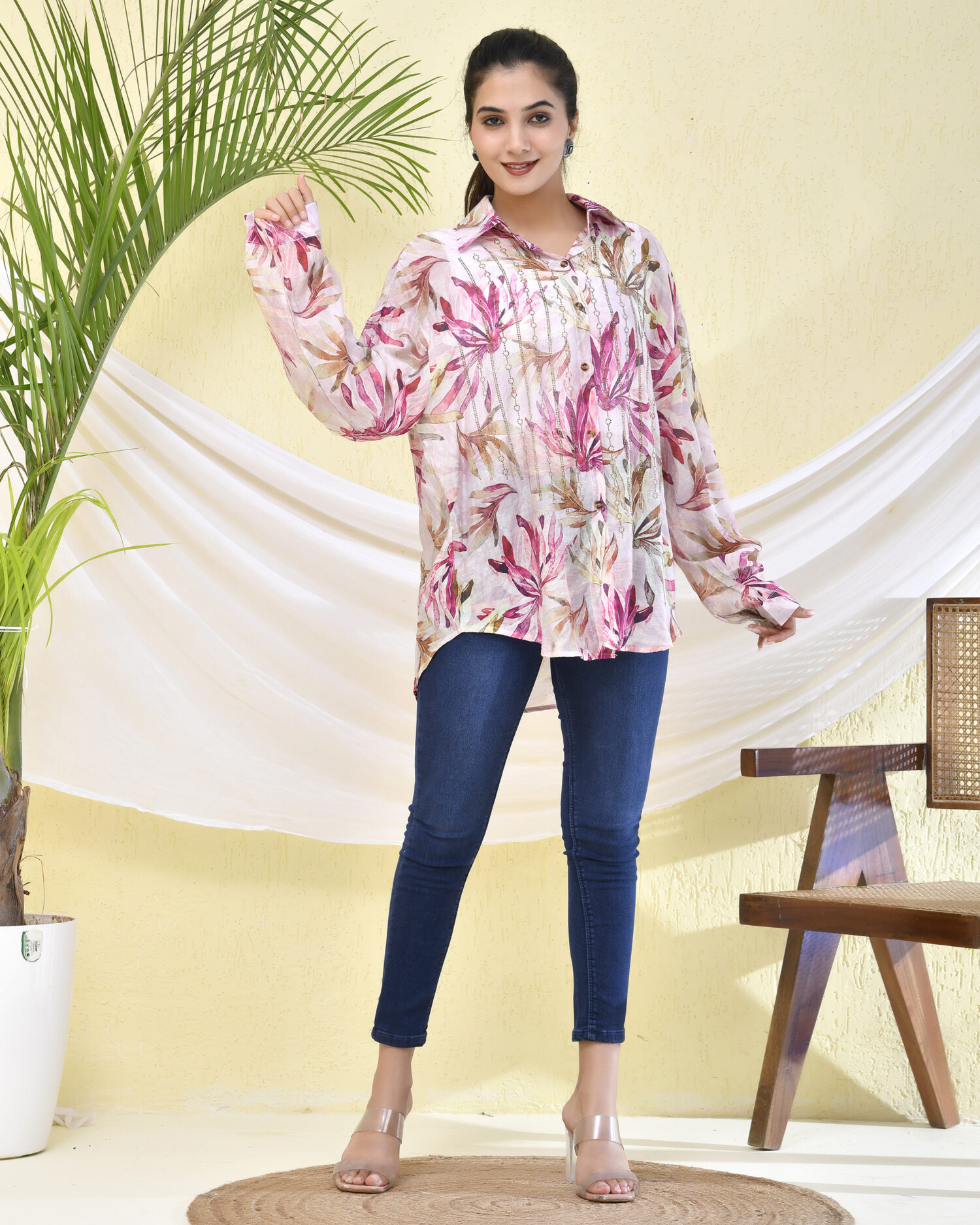 Cotton Floral Shirt Women Pink