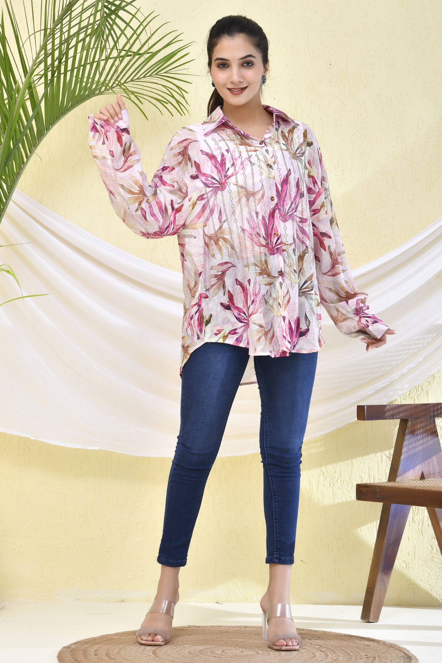 Cotton Floral Shirt Women Pink