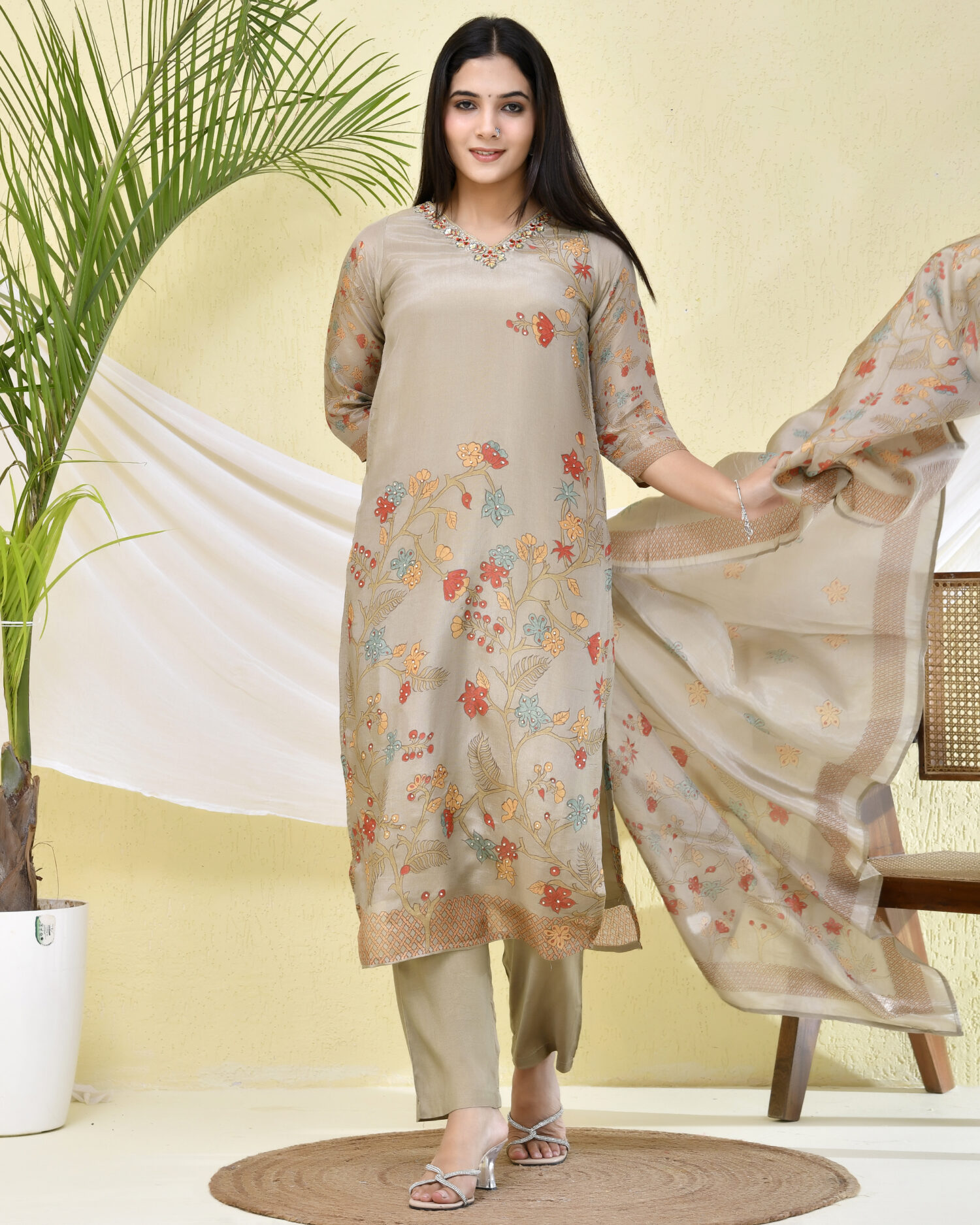 Light Brown Floral Printed Three-Piece Kurta with Pant