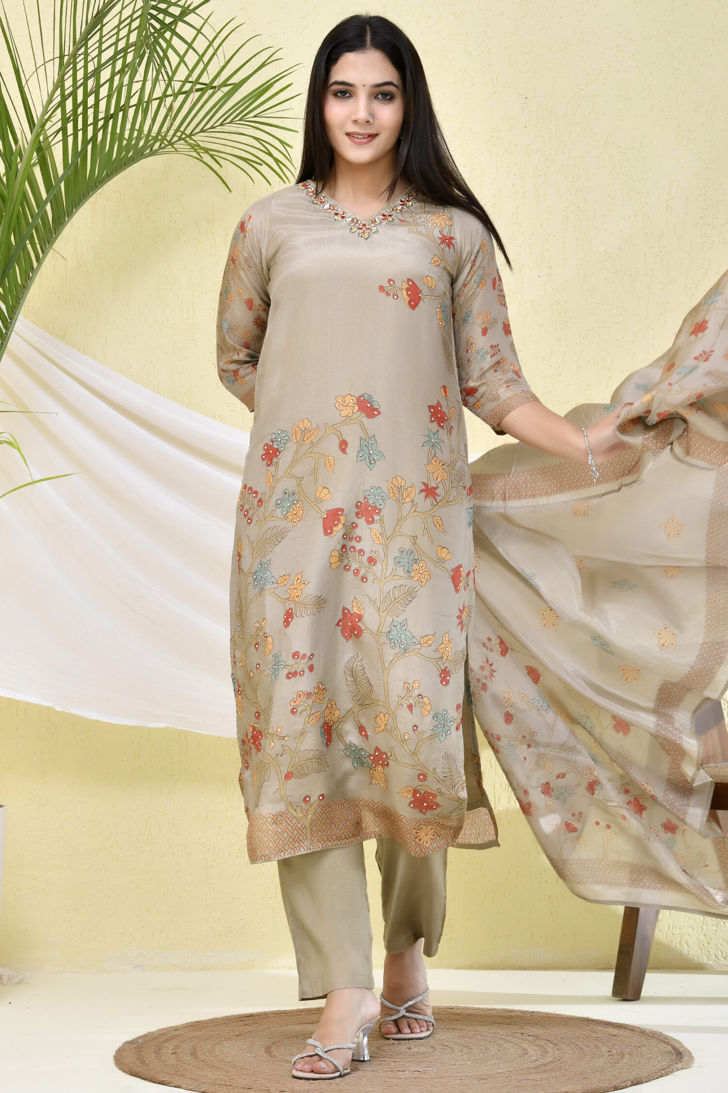 Light Brown Floral Printed Three-Piece Kurta with Pant