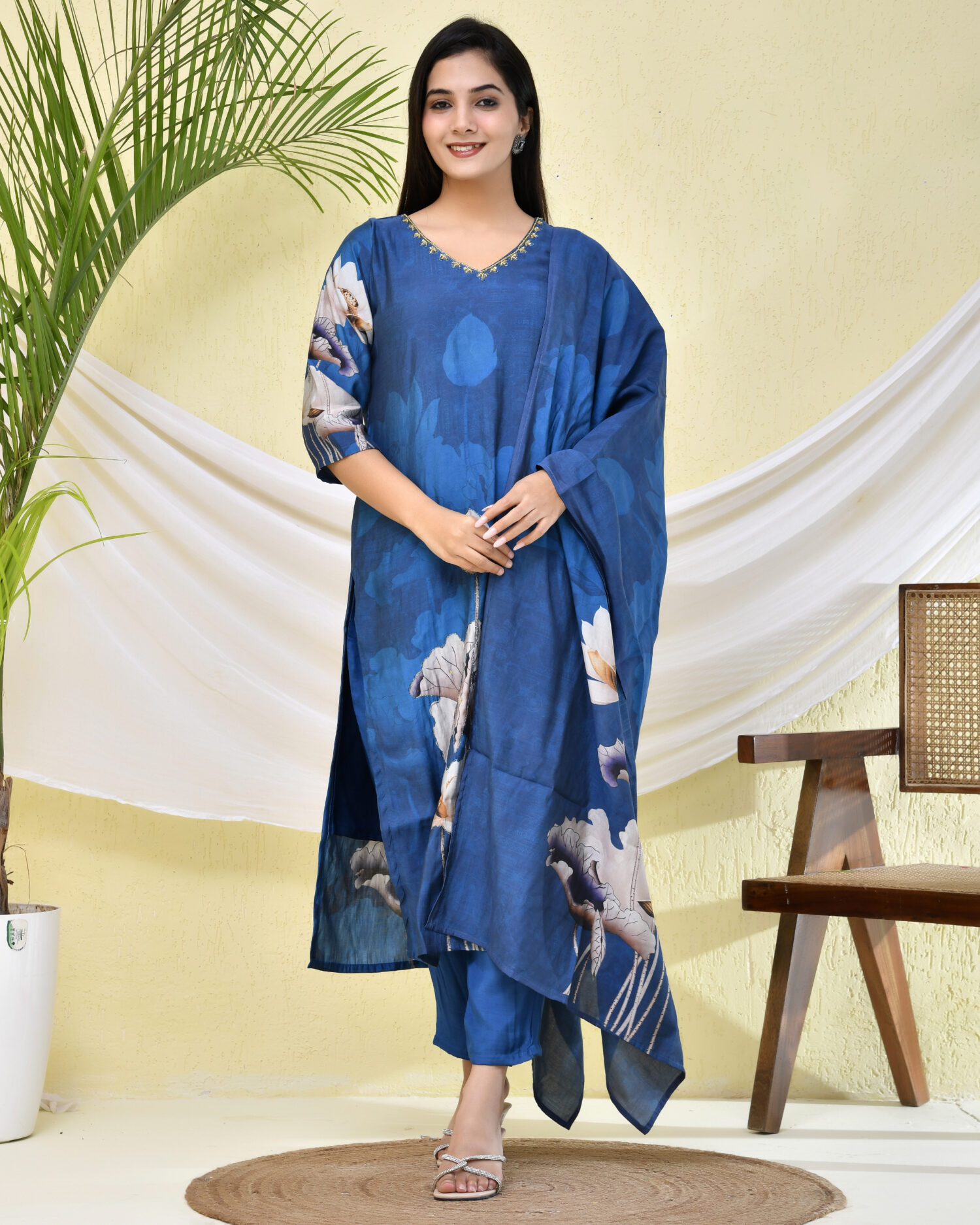 Blue Floral Printed Three-Piece Kurta with Pant