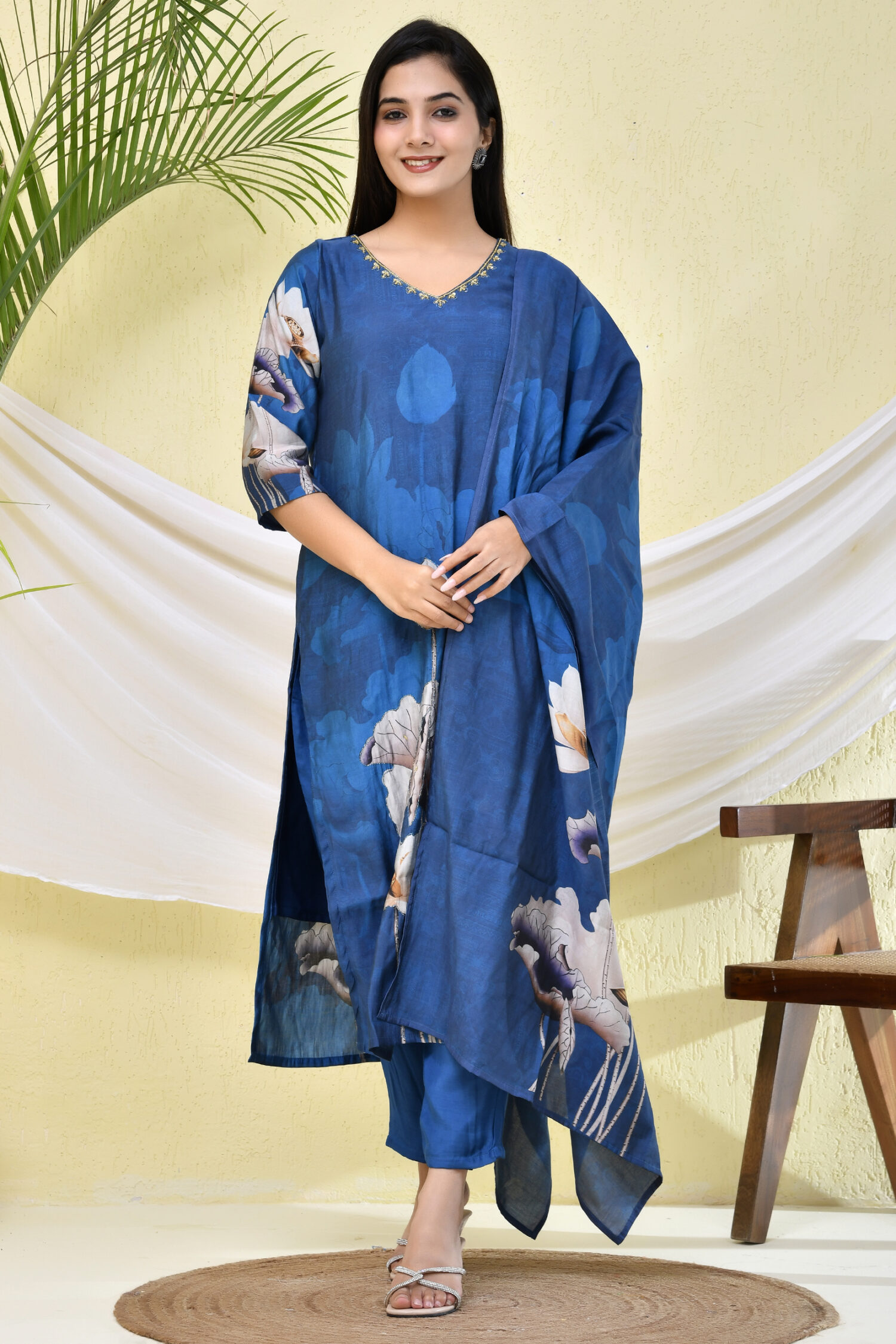 Blue Floral Printed Three-Piece Kurta with Pant