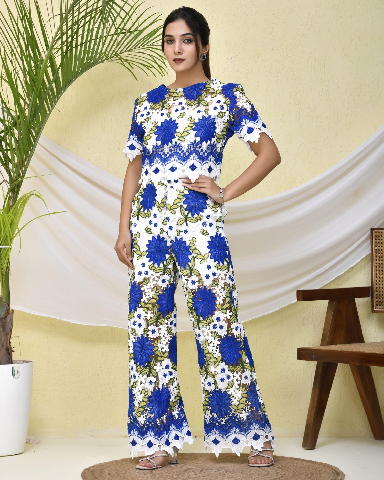 Blue Floral Leaf Printed Co-Ord Set