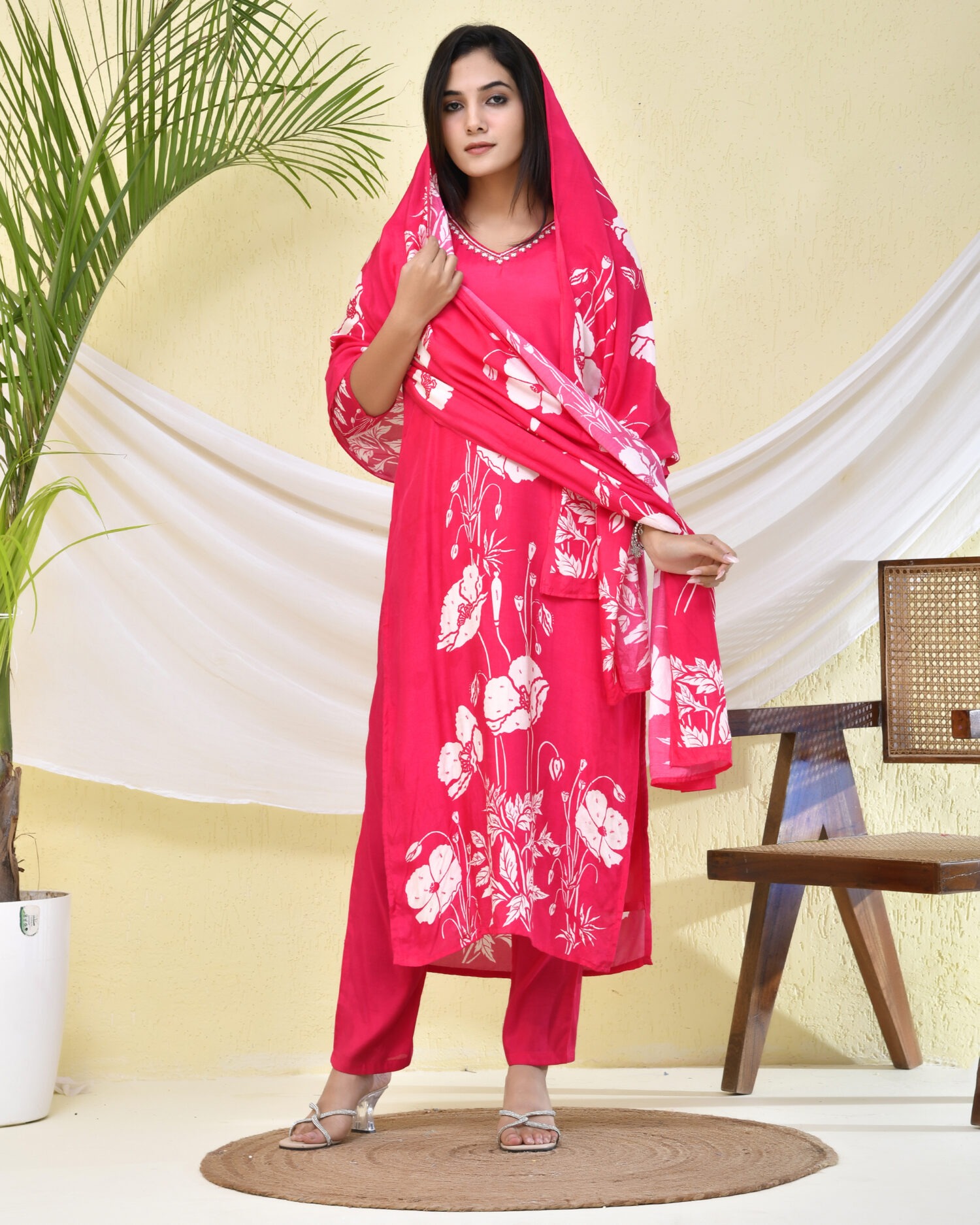 Pink Floral Printed Three-Piece Kurta with Pant