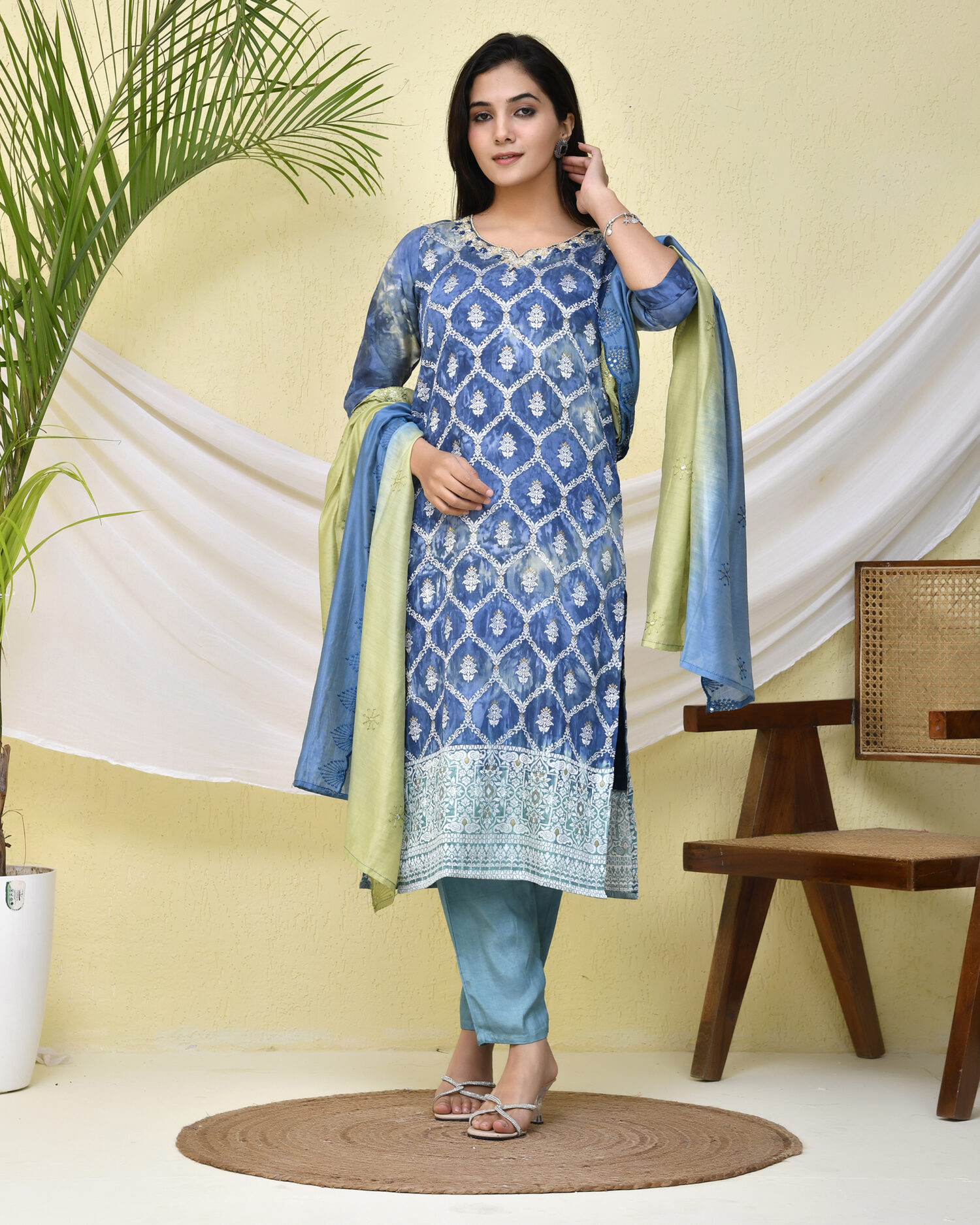 Blue Jari Work Three-Piece Kurta with Pant