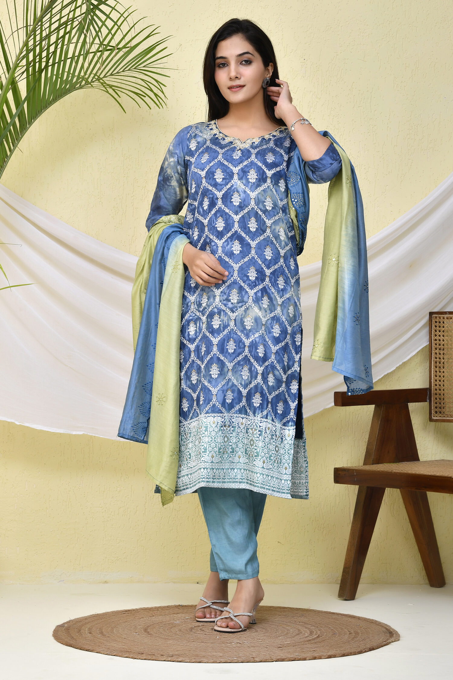 Blue Jari Work Three-Piece Kurta with Pant