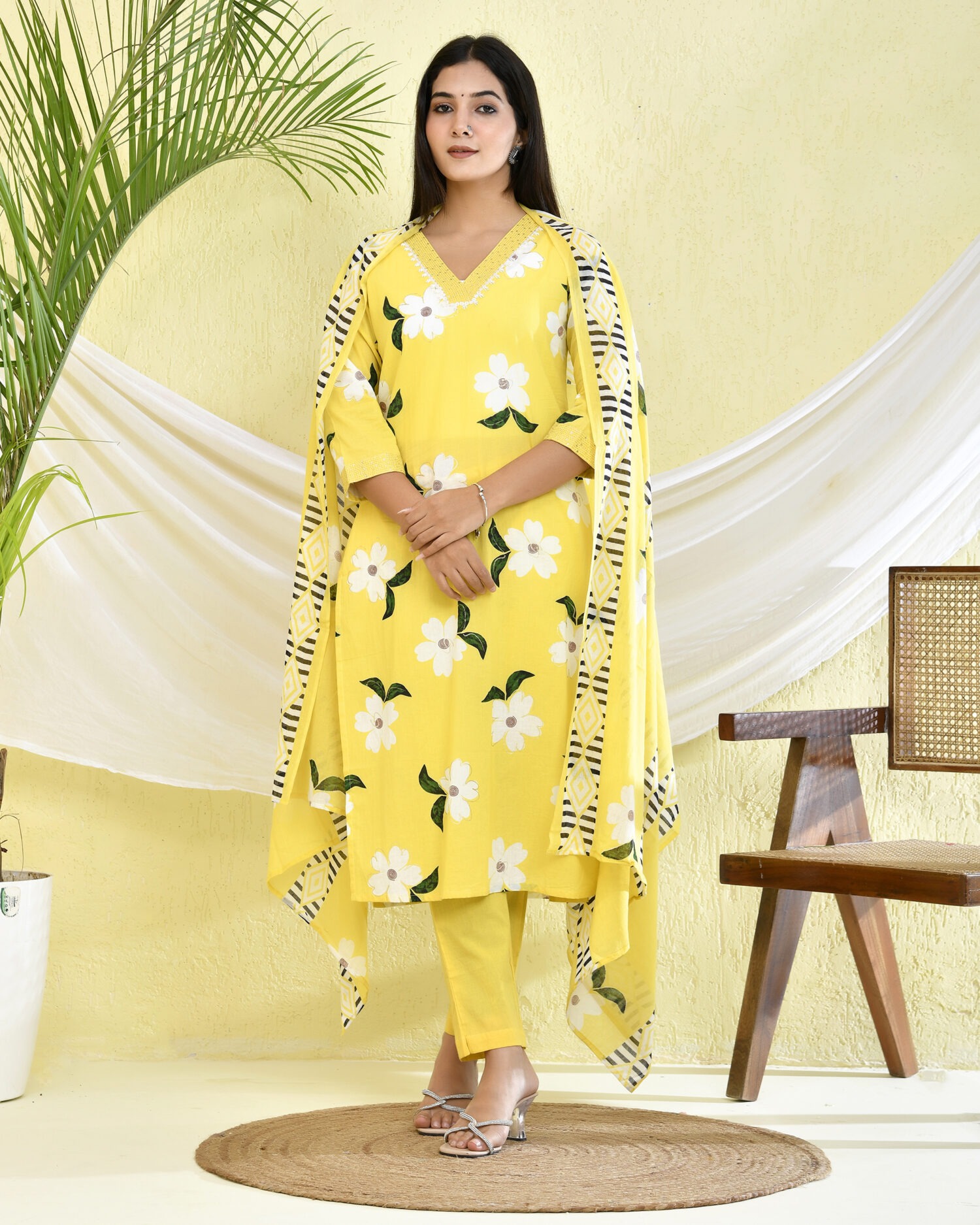 Yellow V Neck Floral Printed Three-Piece Kurta with Pant