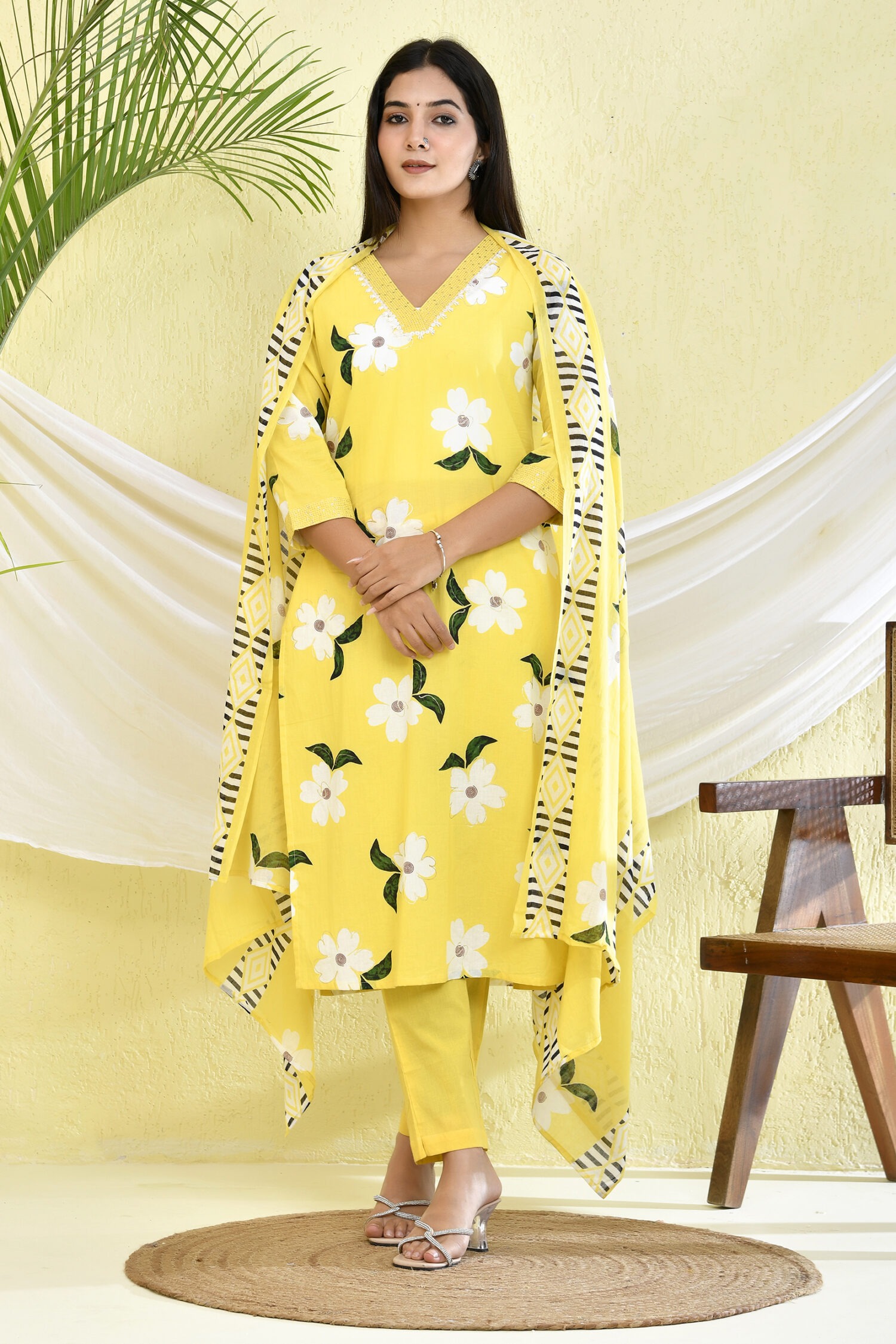 Yellow V Neck Floral Printed Three-Piece Kurta with Pant