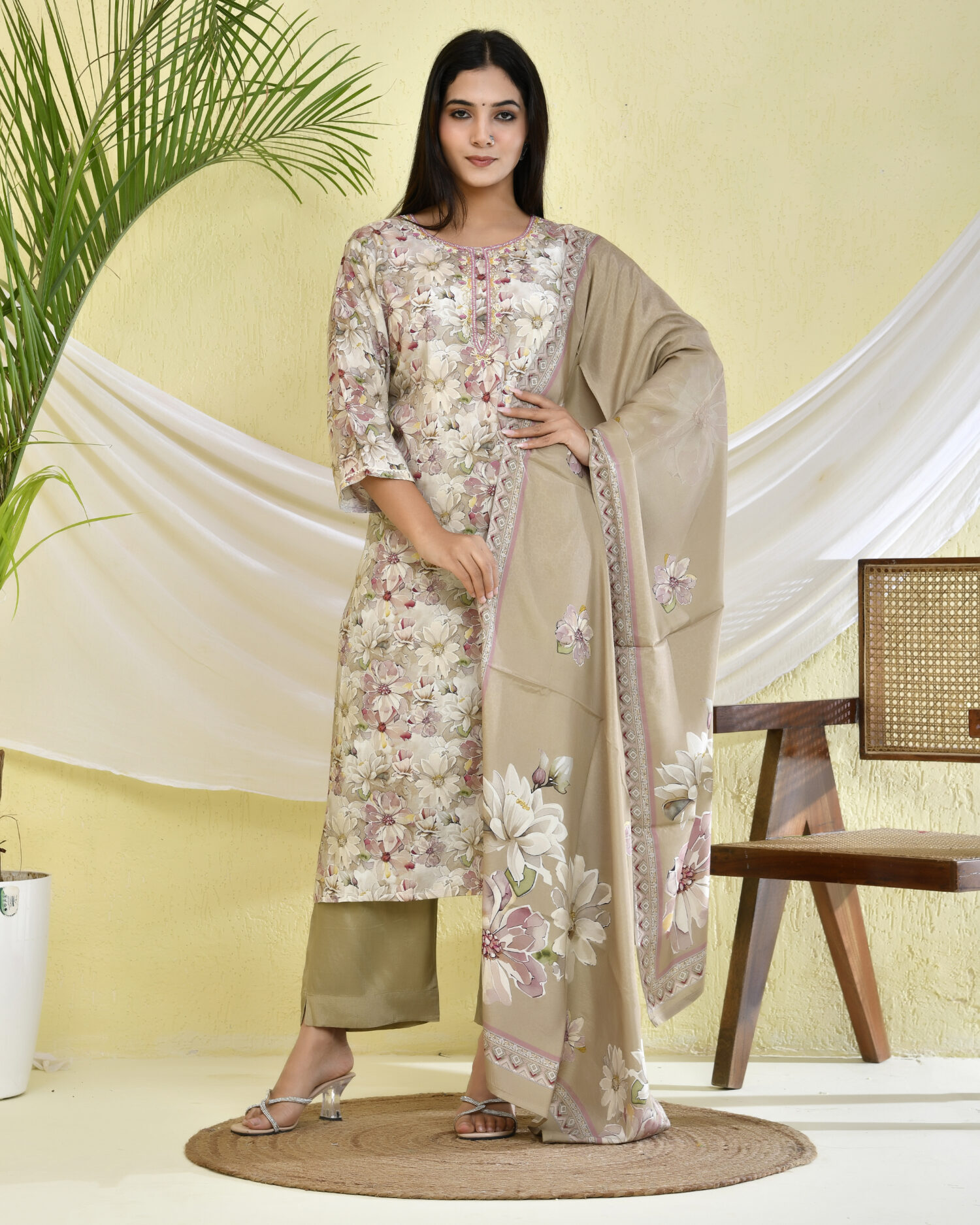 Light Brown Floral Printed Three-Piece Kurta Set