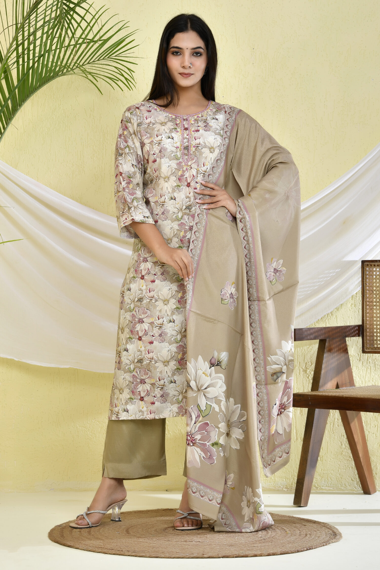 Light Brown Floral Printed Three-Piece Kurta Set