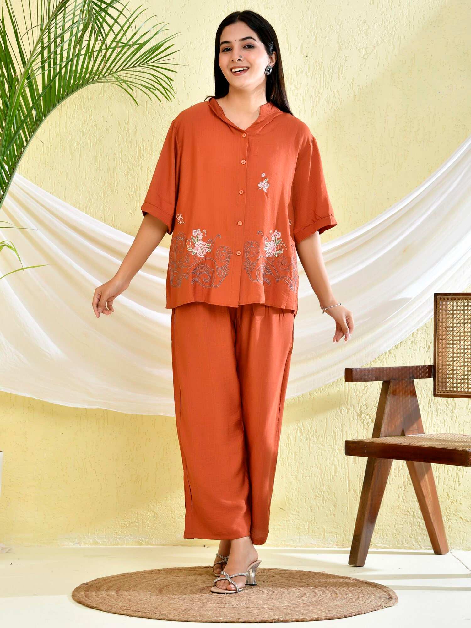 Brown Floral Embroidery Cotton Co-Ord Set Women