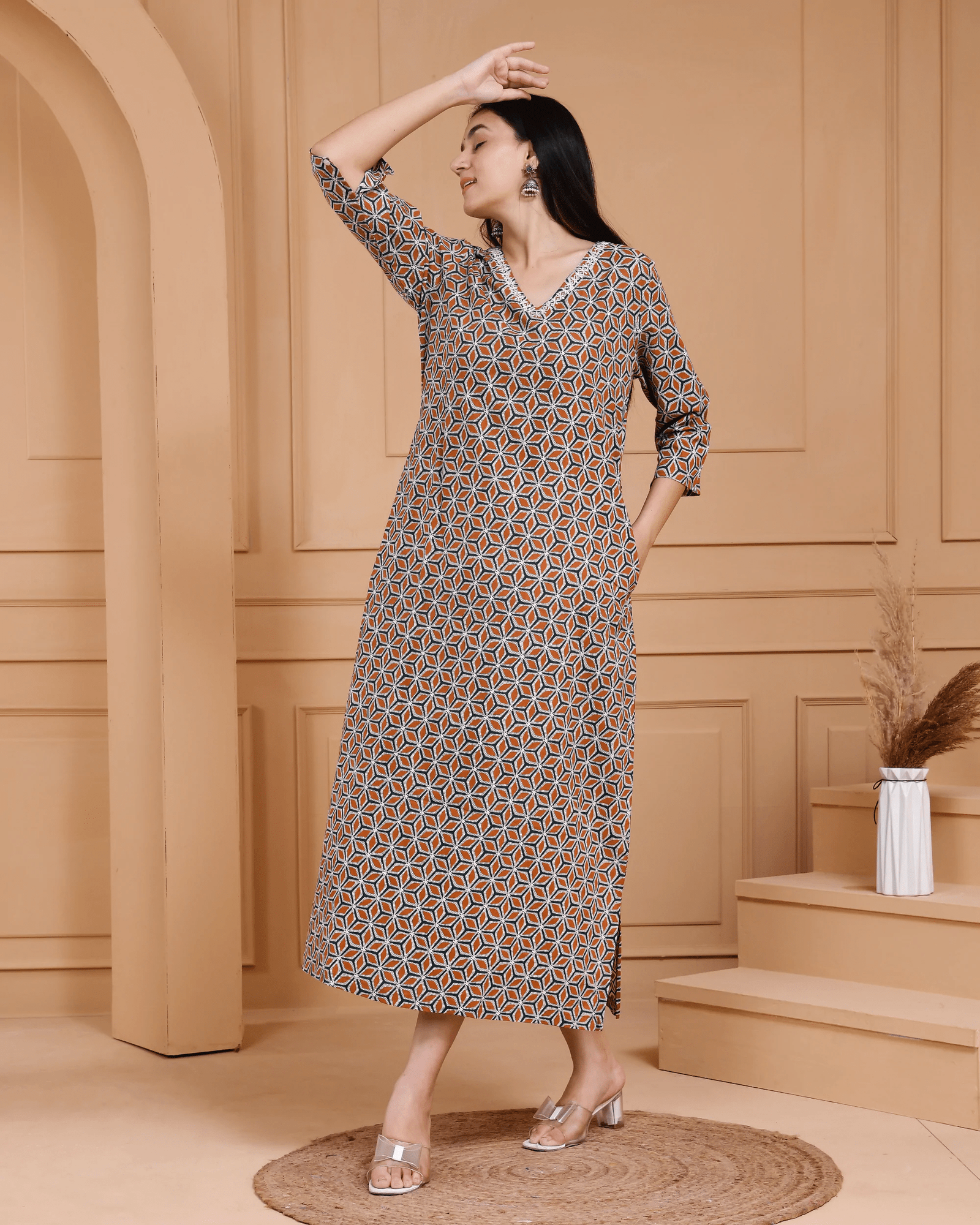 Vibrant Blockprint V-Neck Long Kurti
