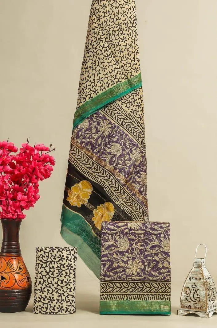 purple 3 layer print silk suit set