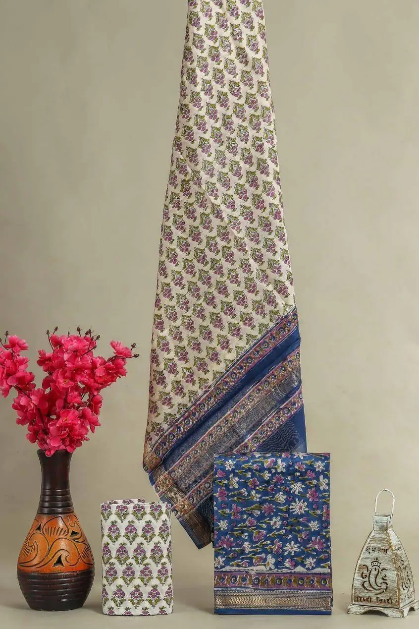 blue block print Msilk suit set