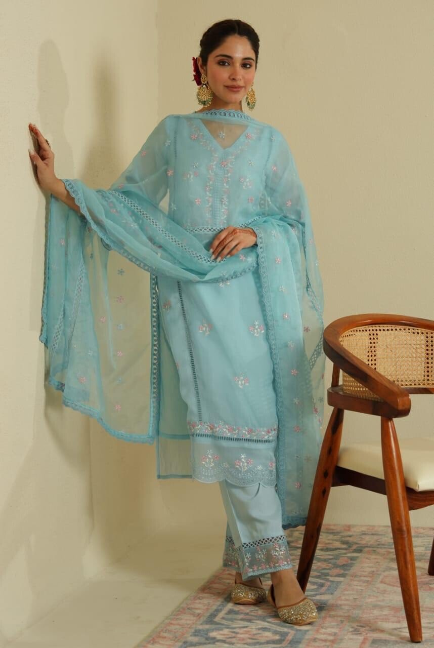 3-piece organza silk partywear kurta set for women