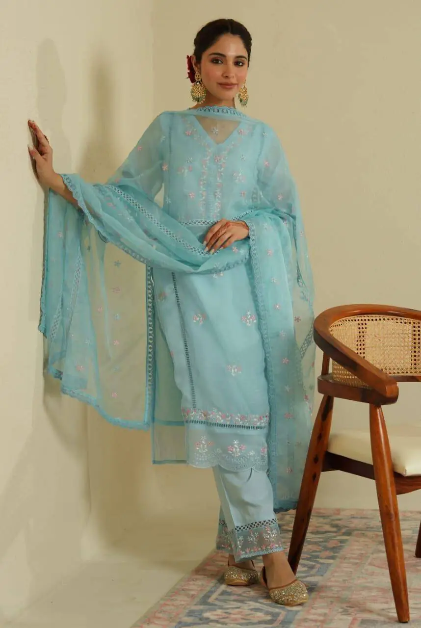 3-piece organza silk partywear kurta set for women