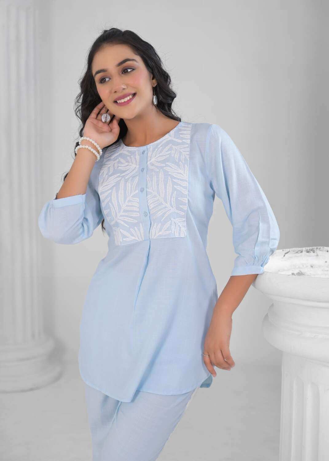 Sky Blue Cotton Embroyided Co-ord set